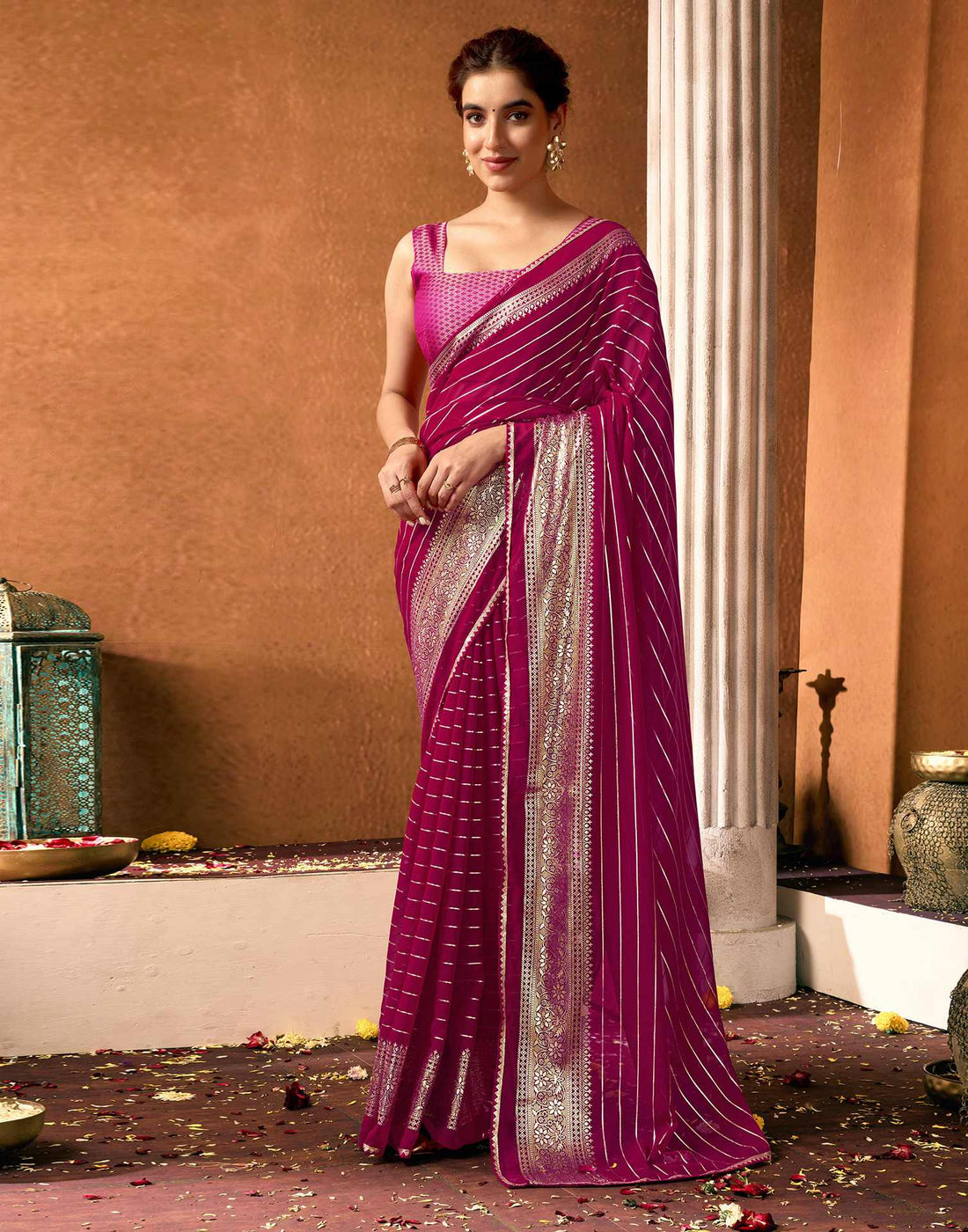 Magenta Georgette Foil Printed Saree