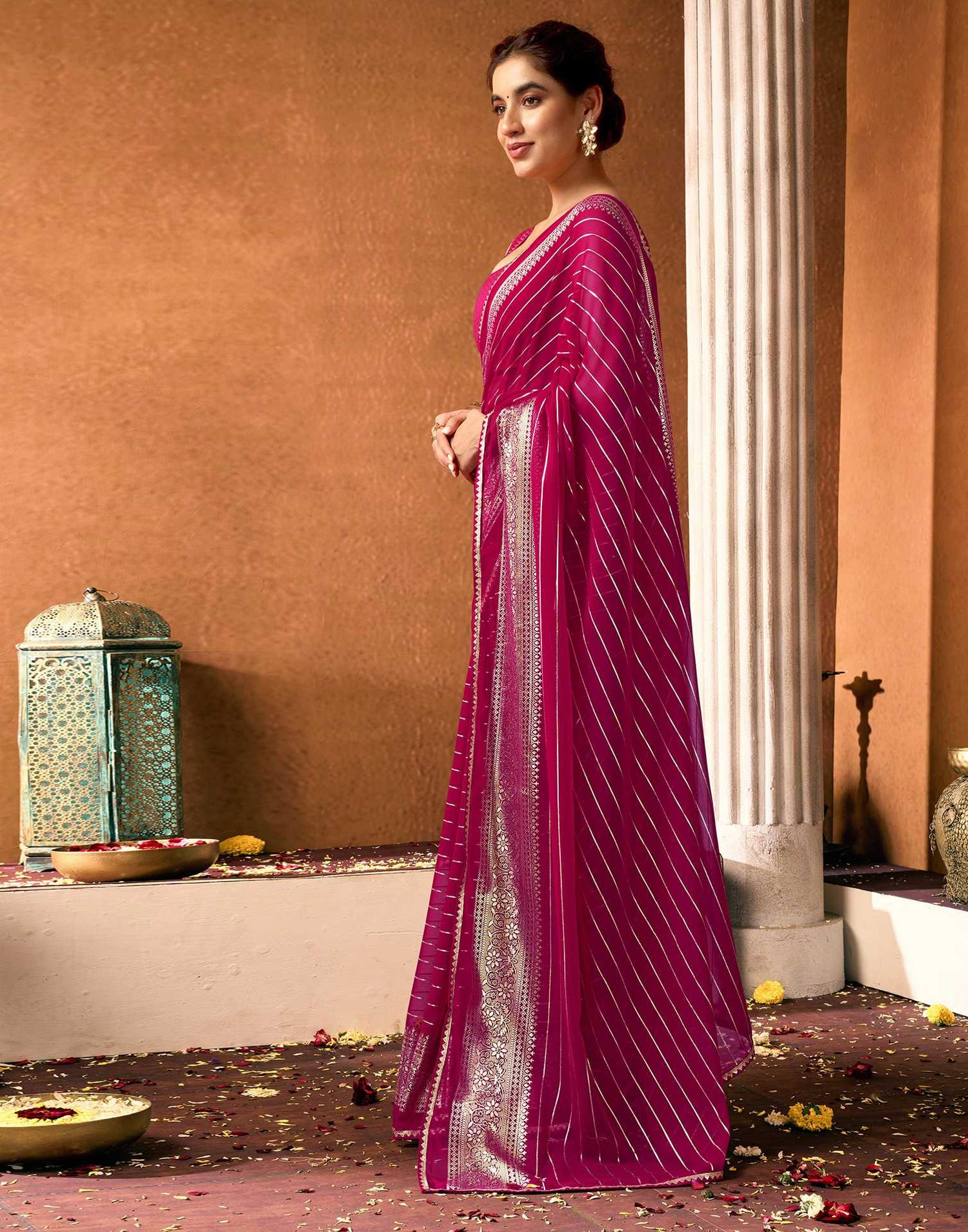 Magenta Georgette Foil Printed Saree