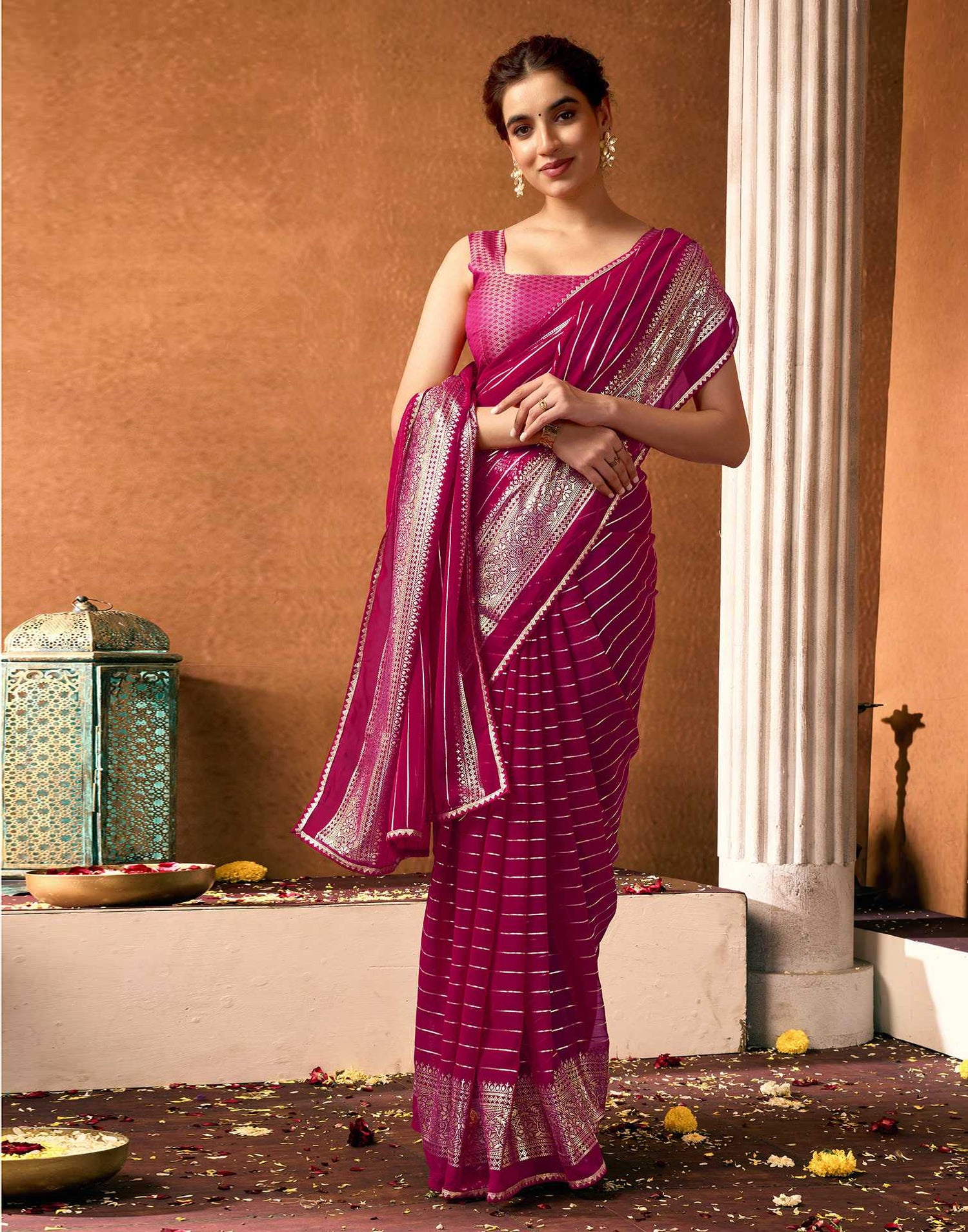 Magenta Georgette Foil Printed Saree