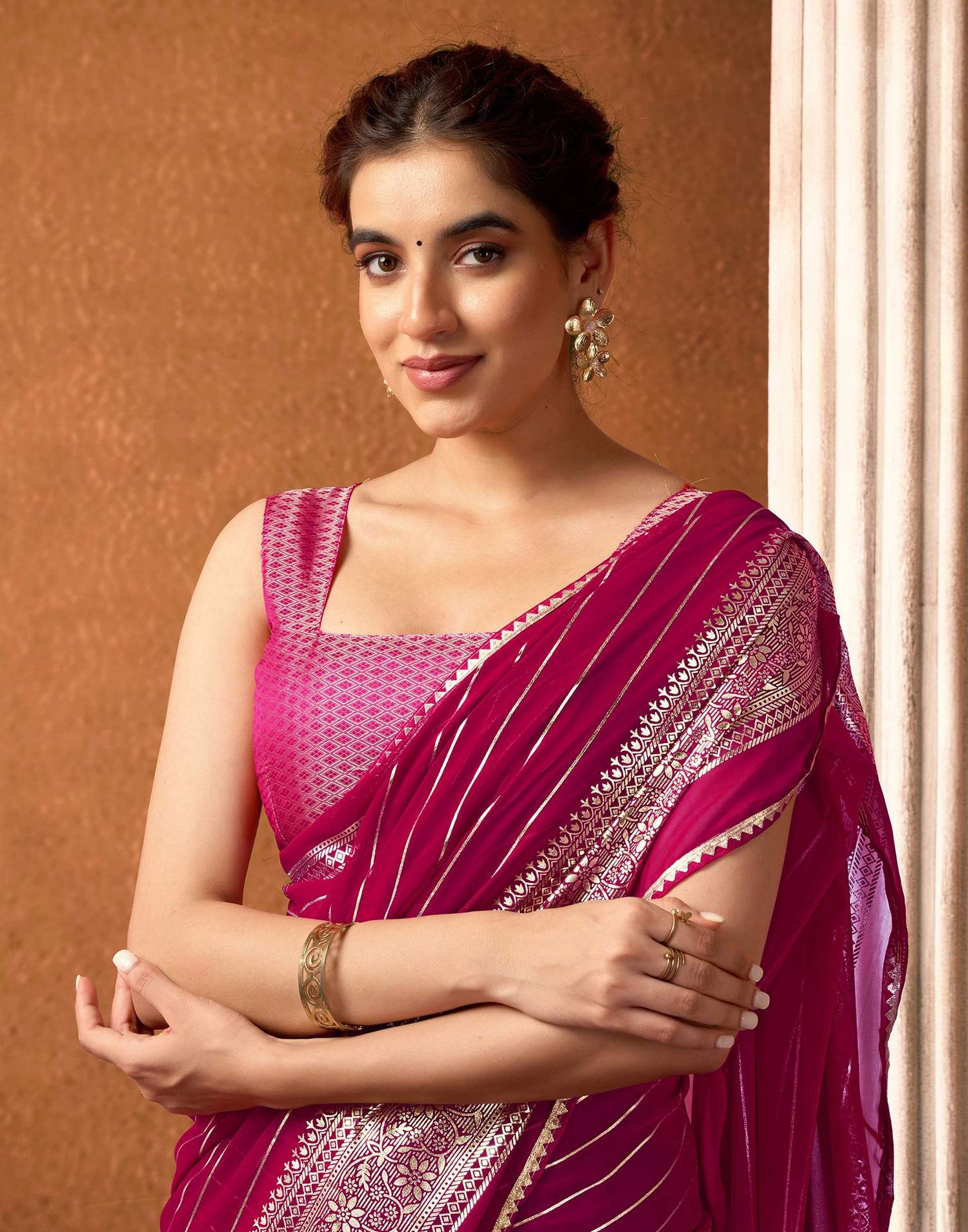 Magenta Georgette Foil Printed Saree