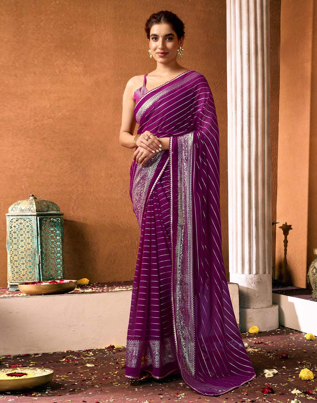 Dark Purple Georgette Foil Printed Saree