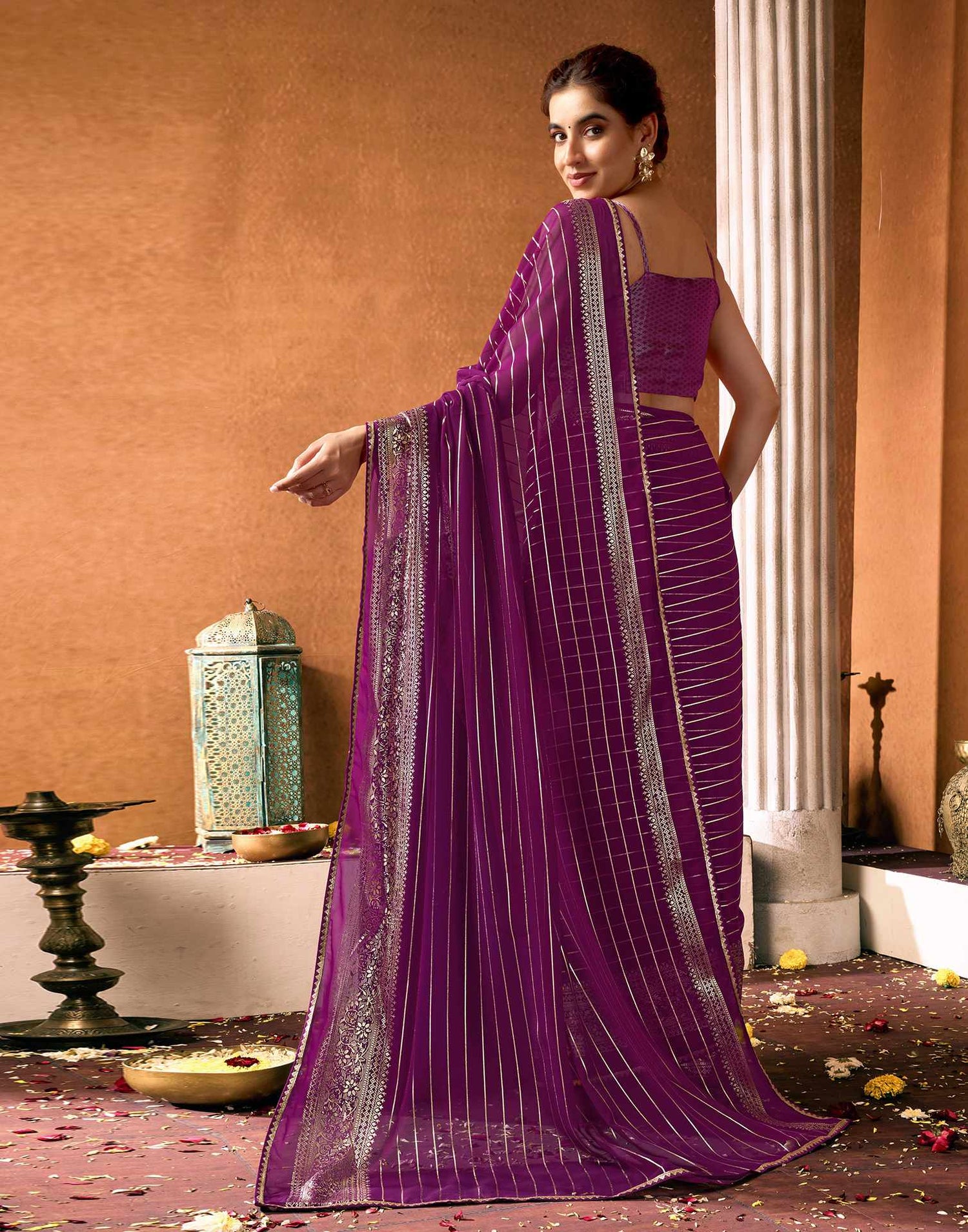 Dark Purple Georgette Foil Printed Saree