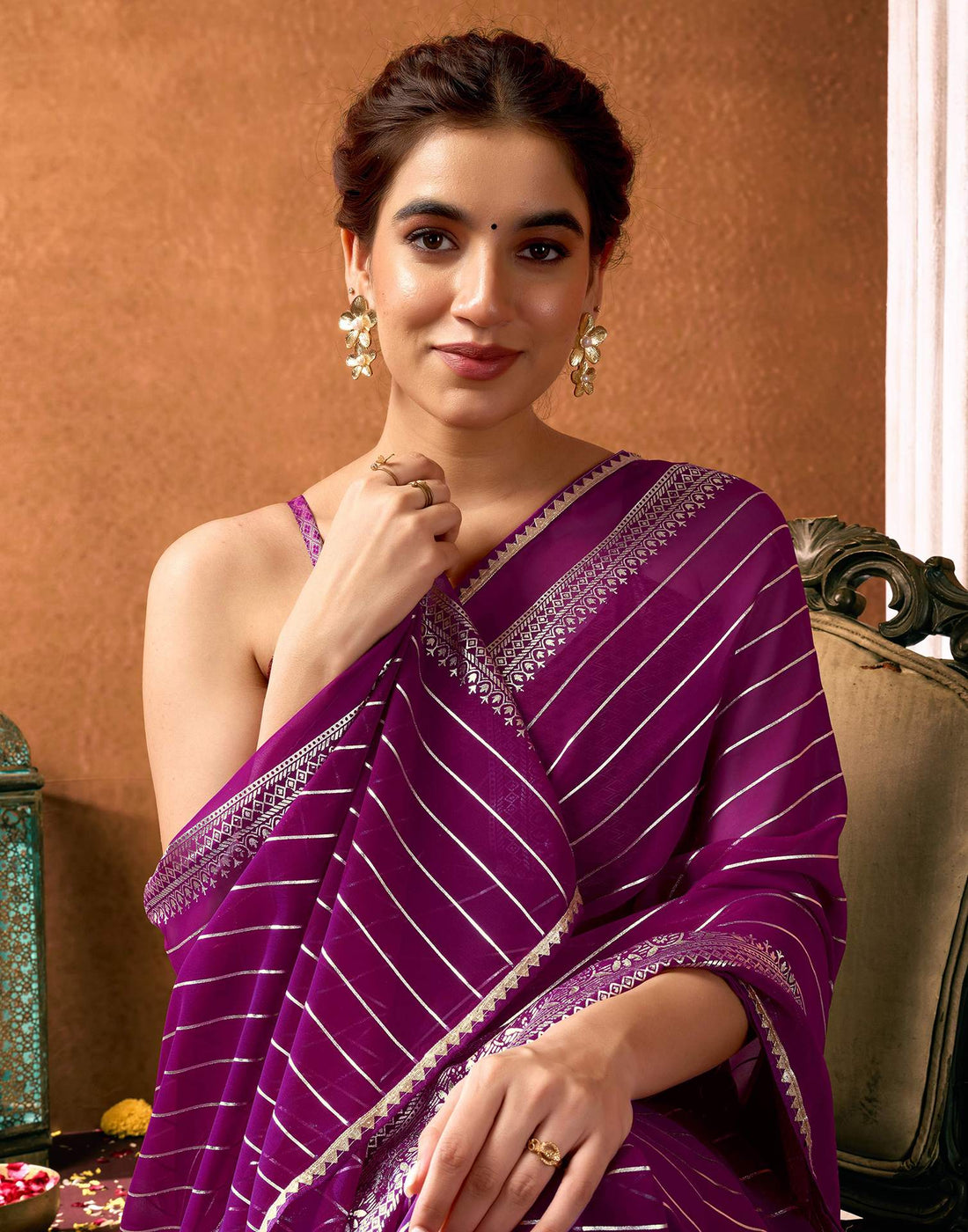 Dark Purple Georgette Foil Printed Saree