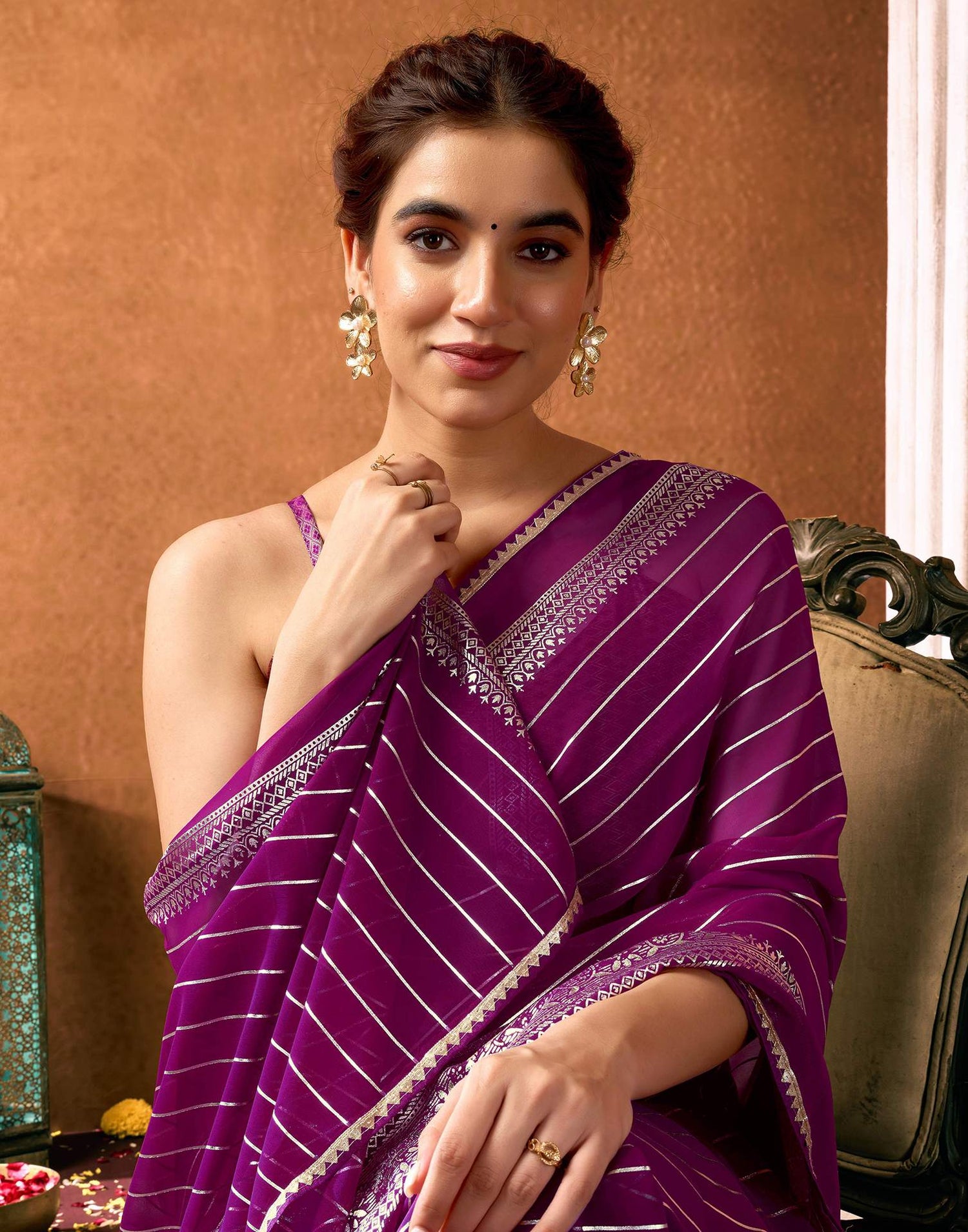 Dark Purple Georgette Foil Printed Saree