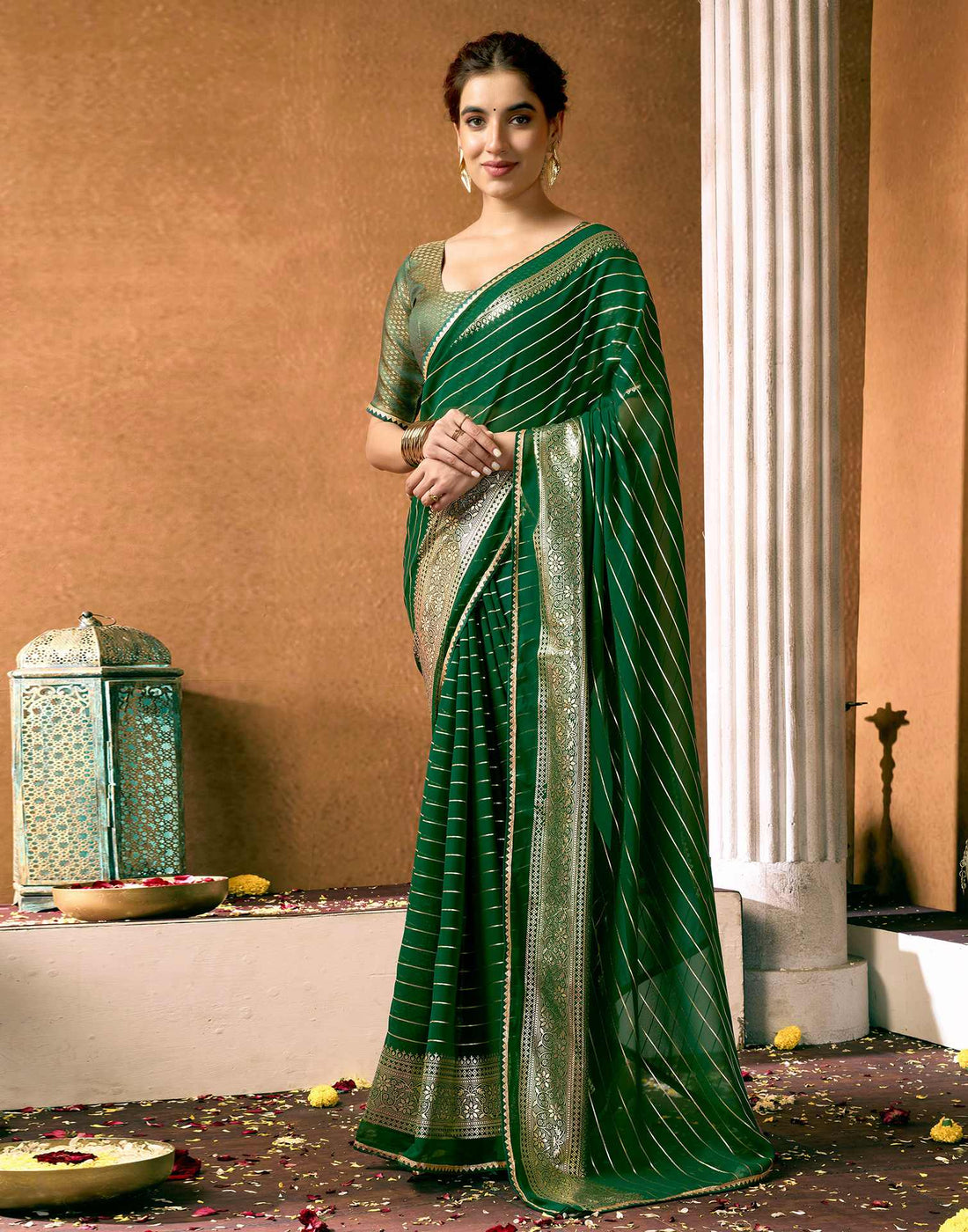 Dark Green Georgette Foil Printed Saree