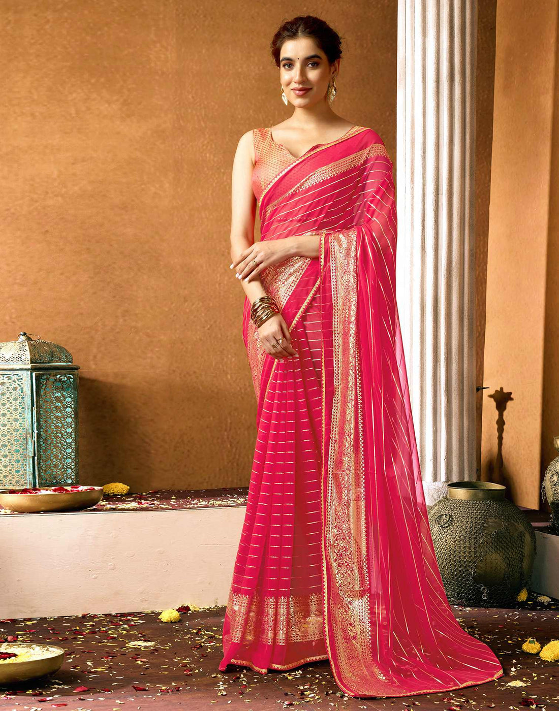 Bright Pink Georgette Foil Printed Saree