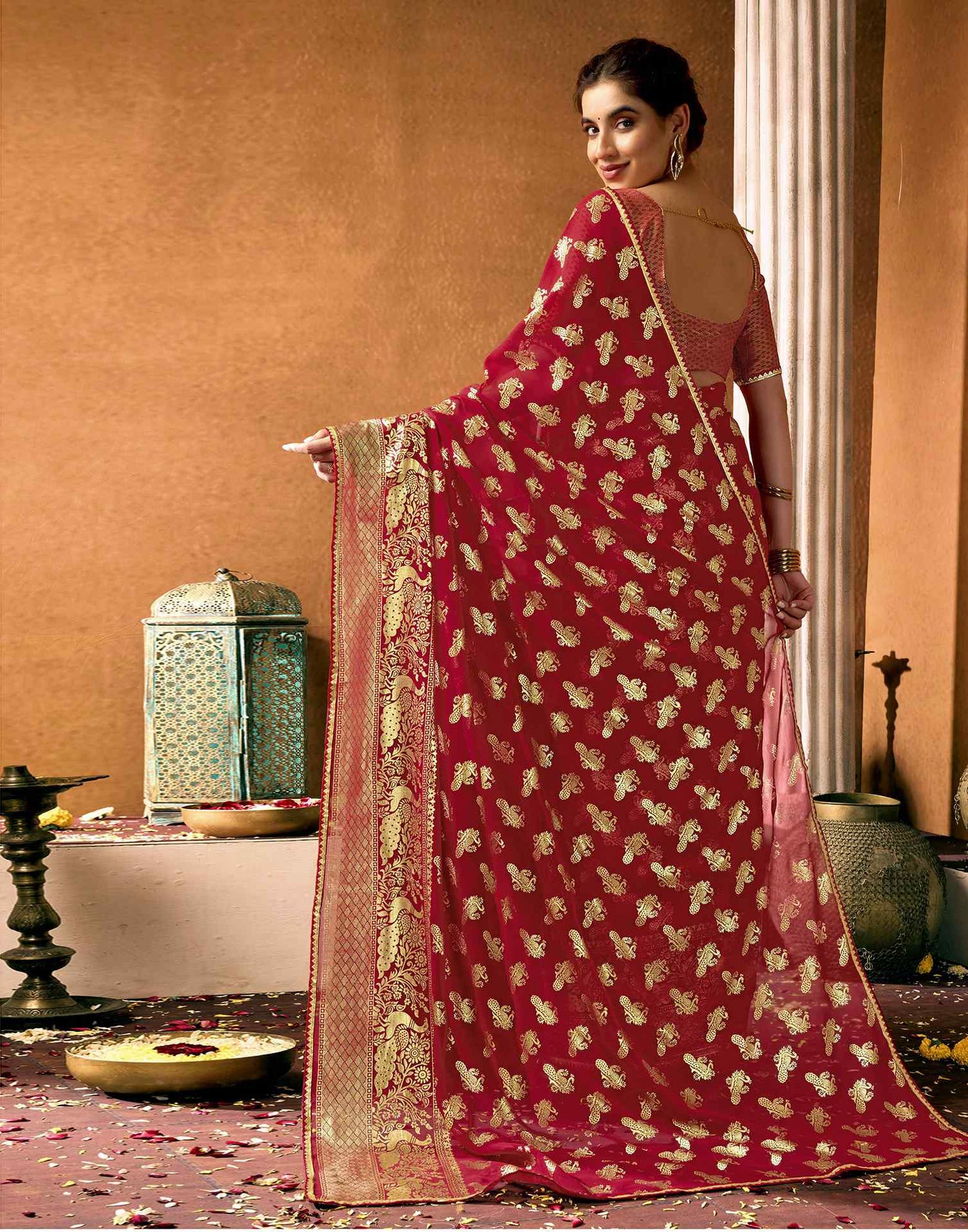 Red Georgette Foil Printed Saree