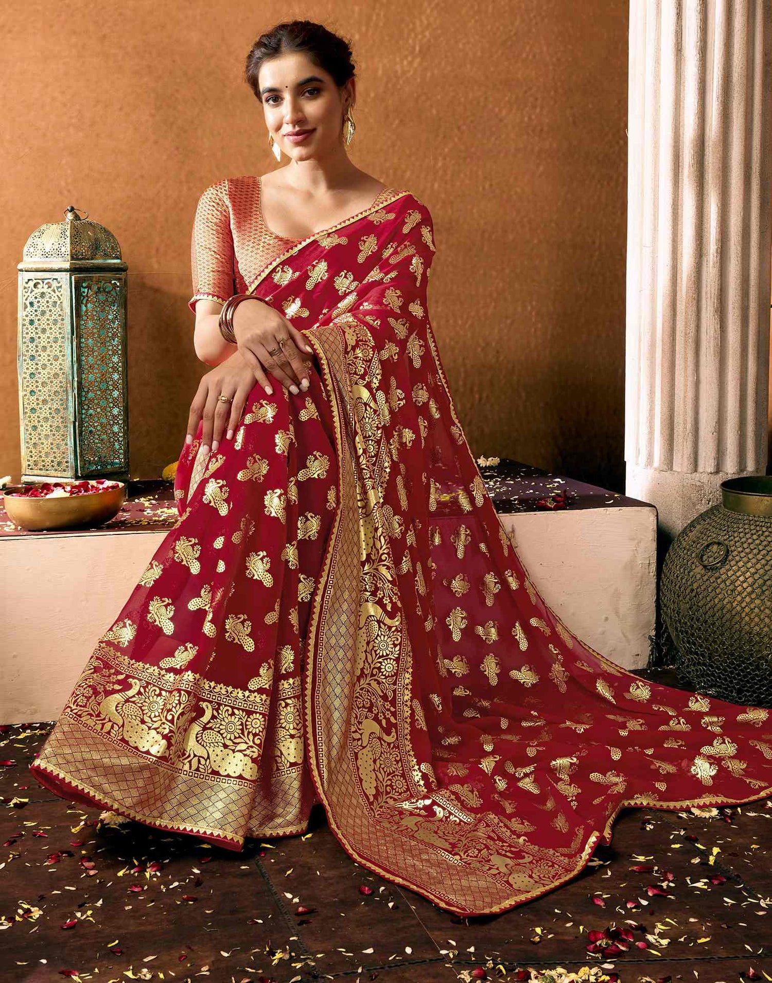 Red Georgette Foil Printed Saree