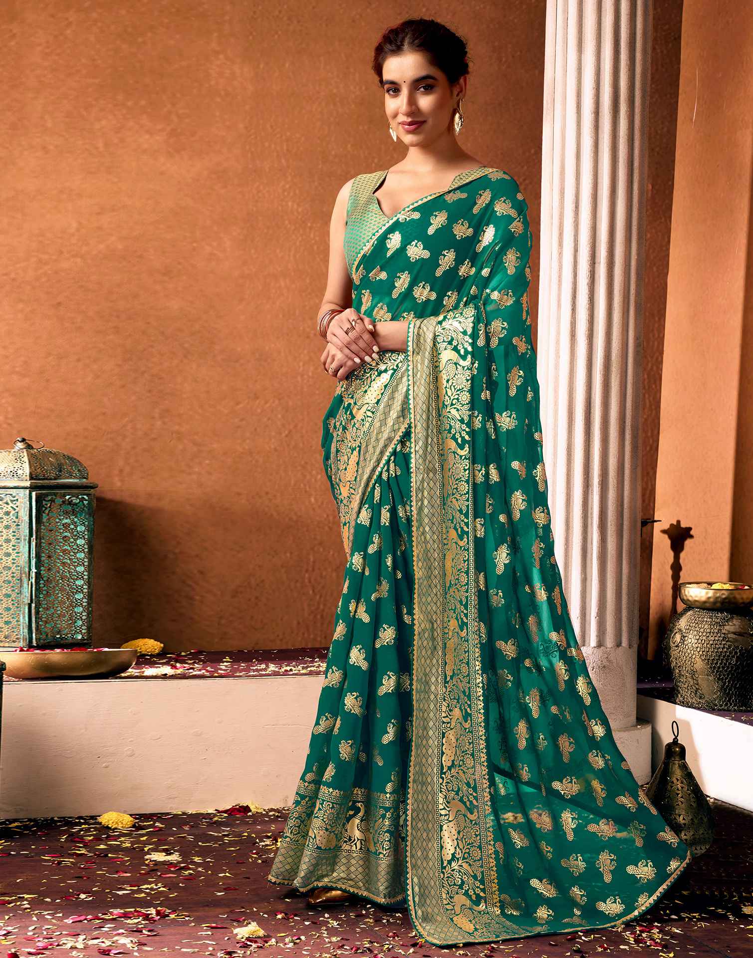 Teal Green Georgette Foil Printed Saree
