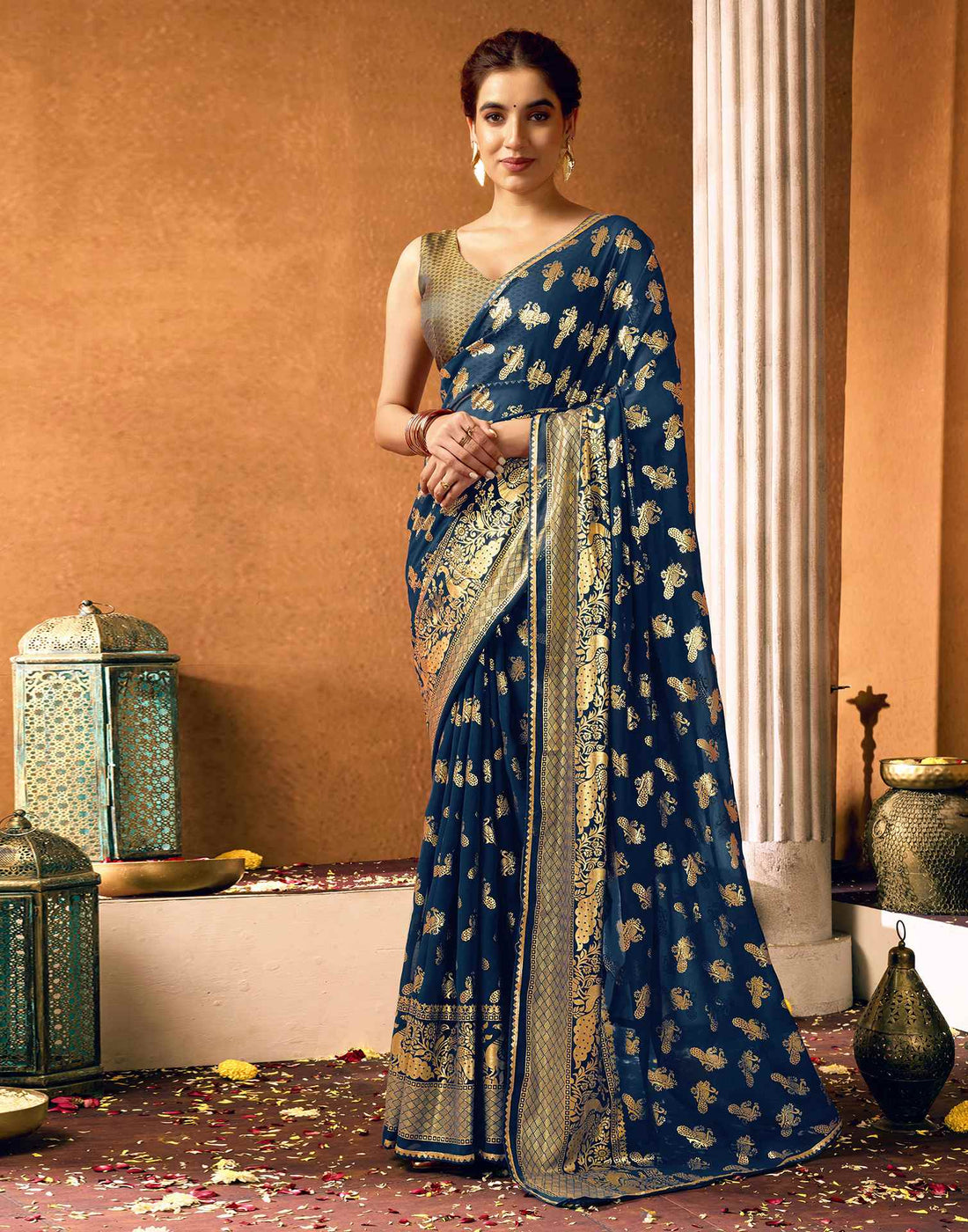 Rama Blue Georgette Foil Printed Saree