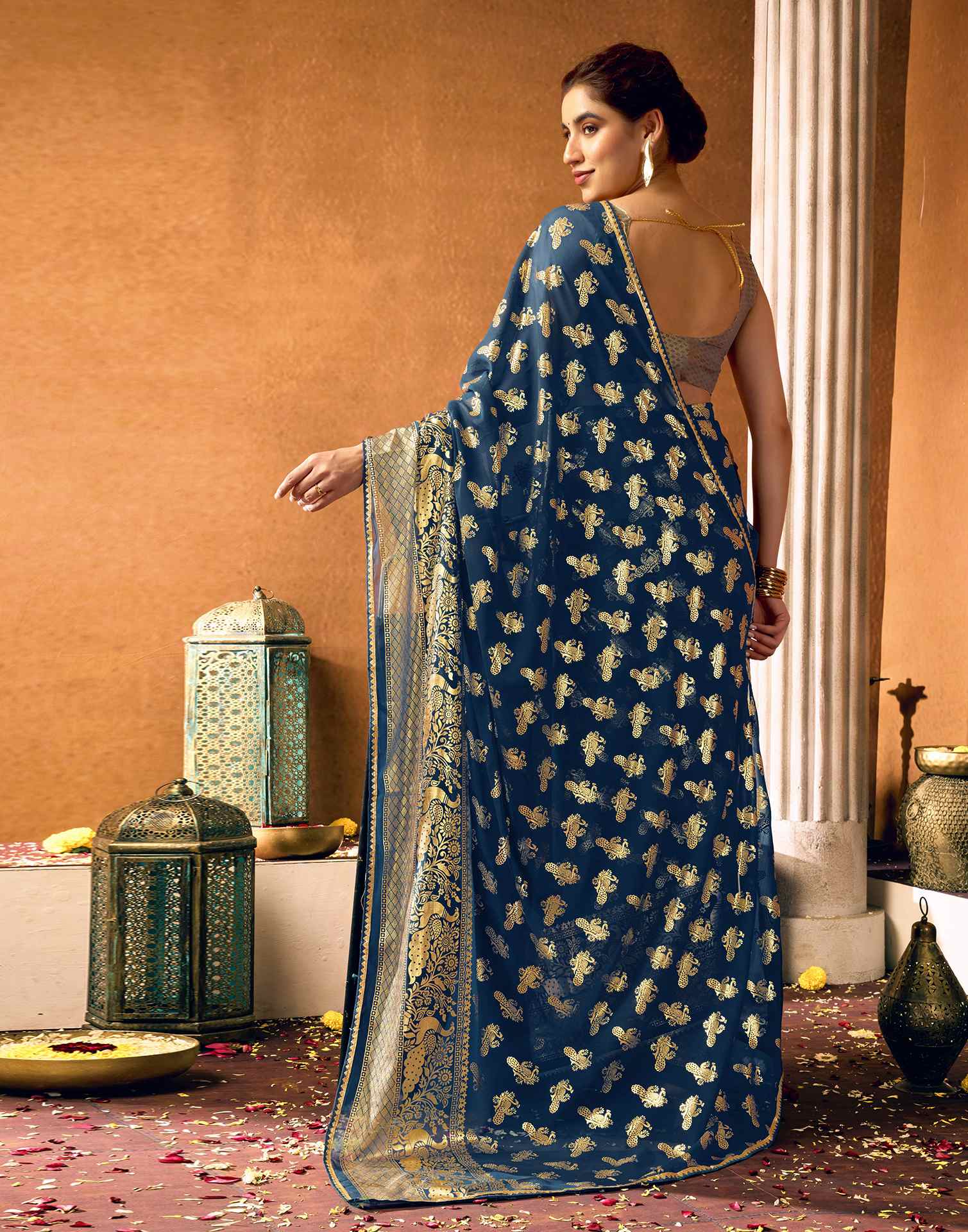 Rama Blue Georgette Foil Printed Saree