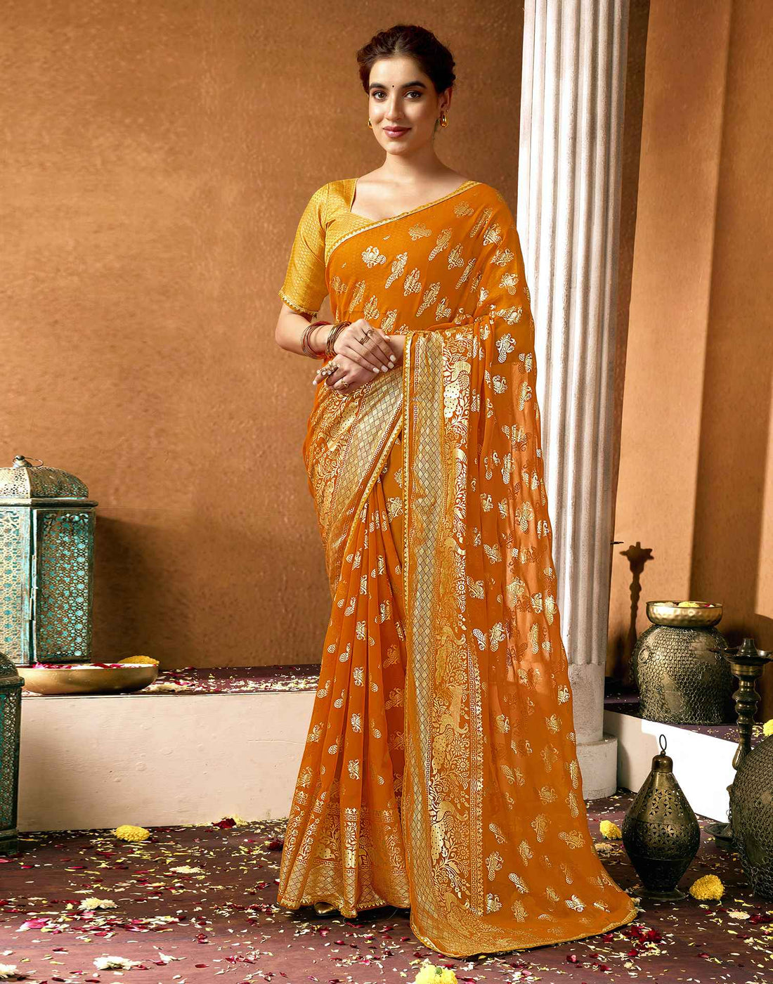 Yellow Georgette Foil Printed Saree