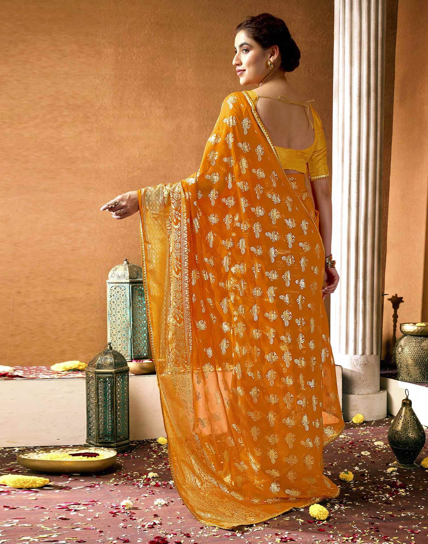 Yellow Georgette Foil Printed Saree