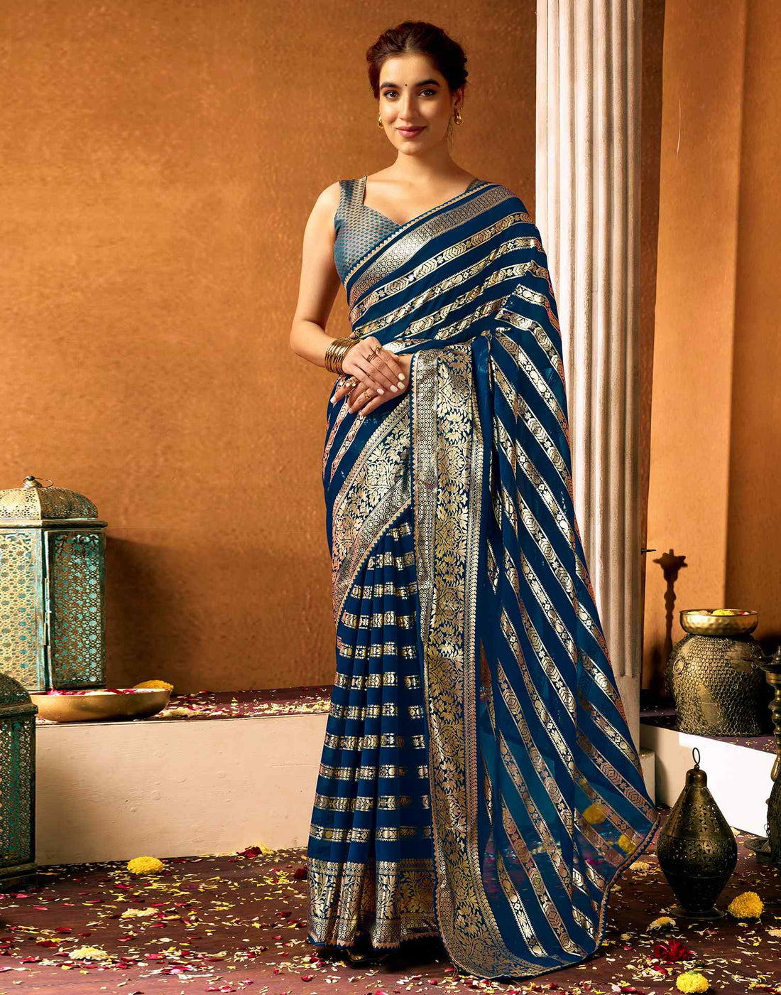 Rama Blue Georgette Foil Printed Saree