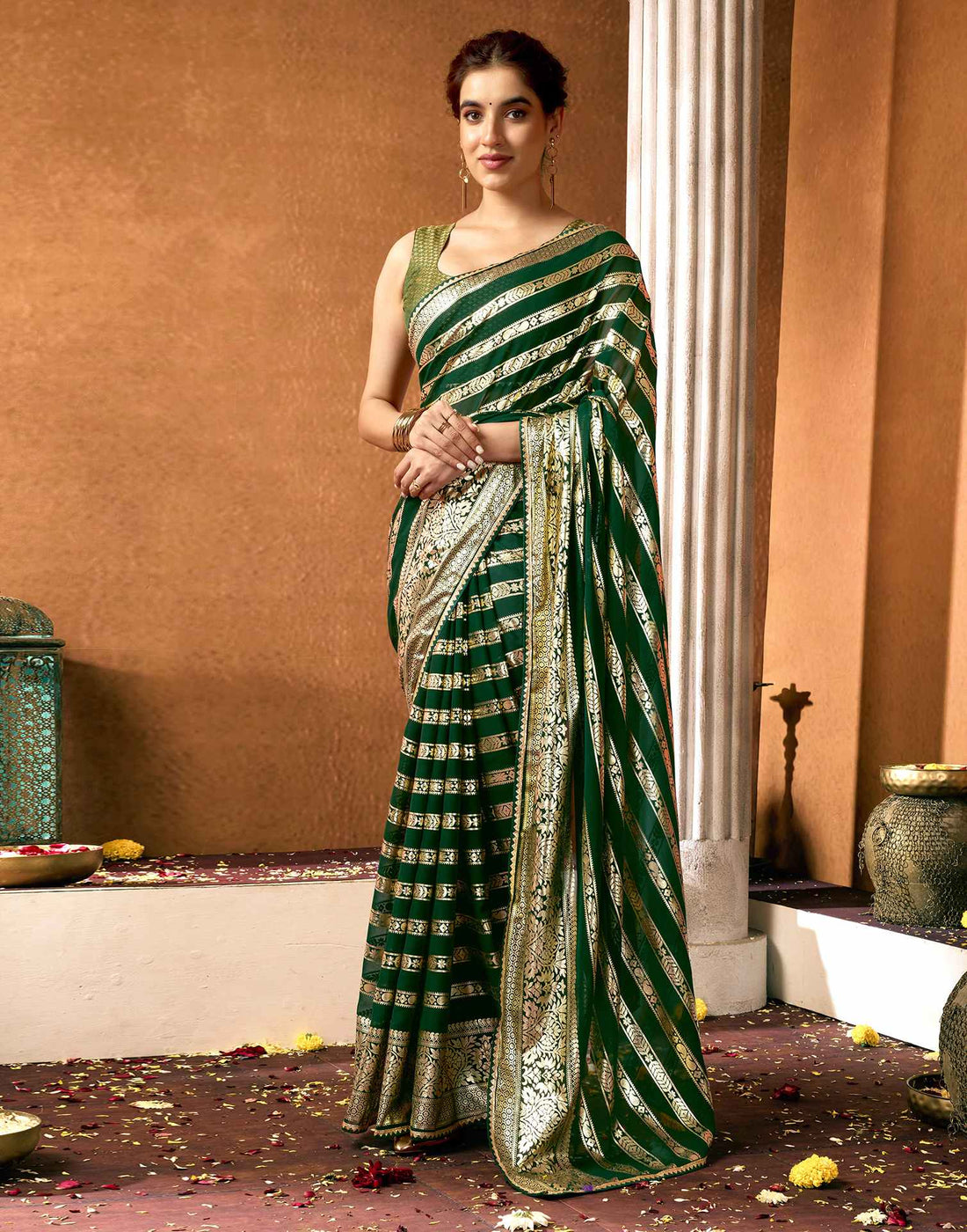 Dark Green Georgette Foil Printed Saree