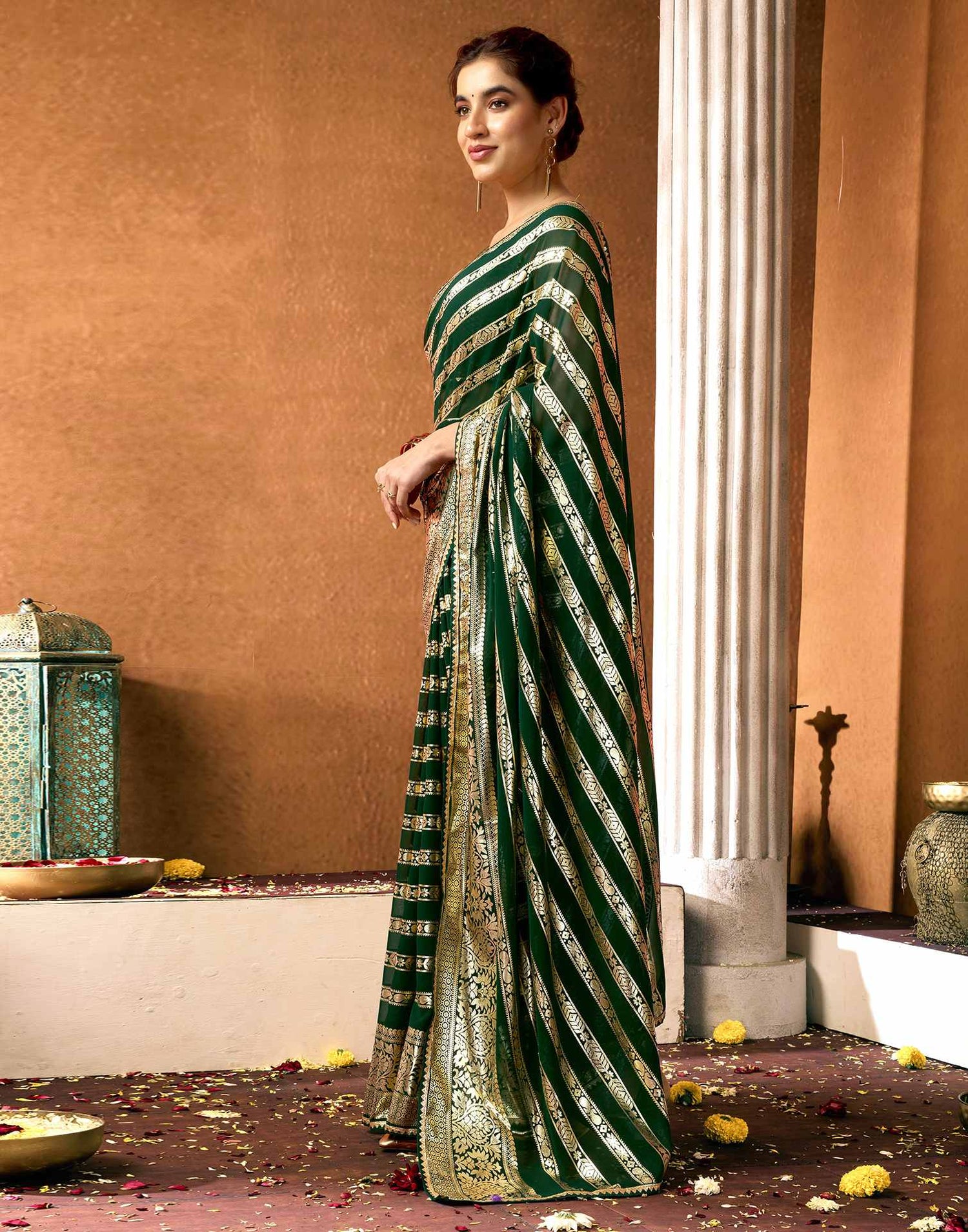 Dark Green Georgette Foil Printed Saree