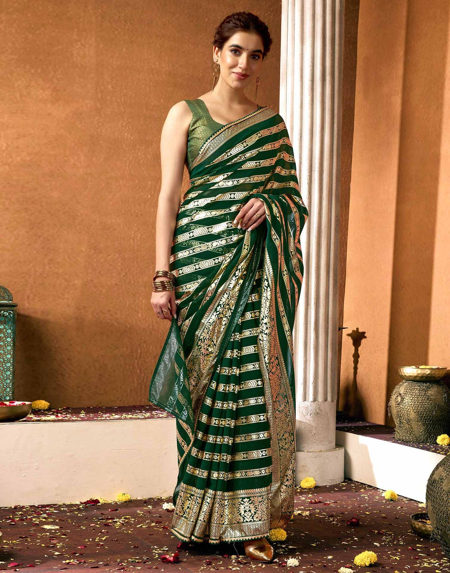 Dark Green Georgette Foil Printed Saree