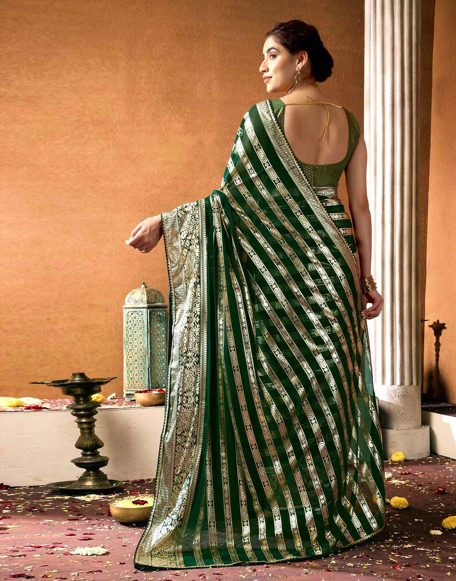 Dark Green Georgette Foil Printed Saree