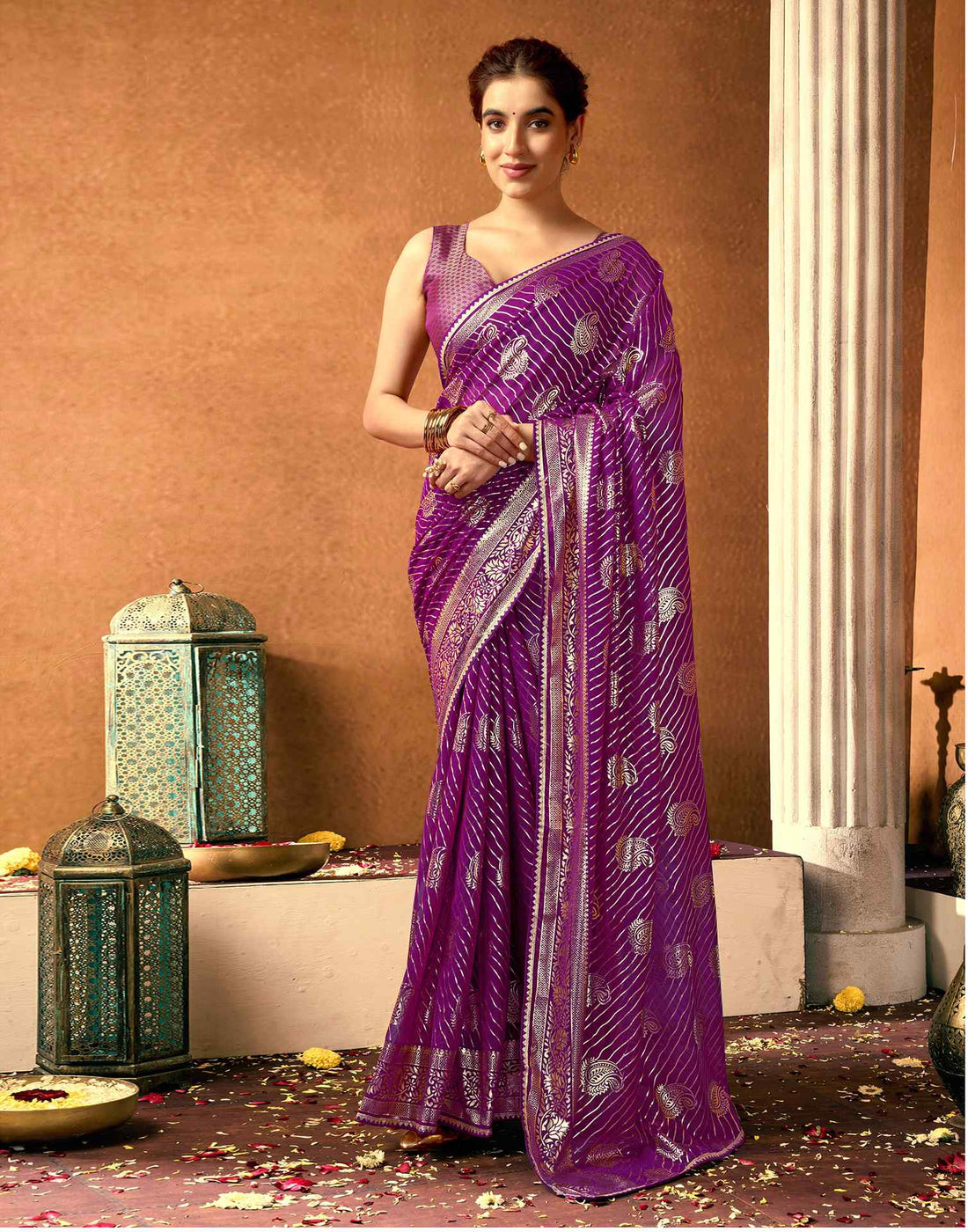 Dark Purple Georgette Foil Printed Saree