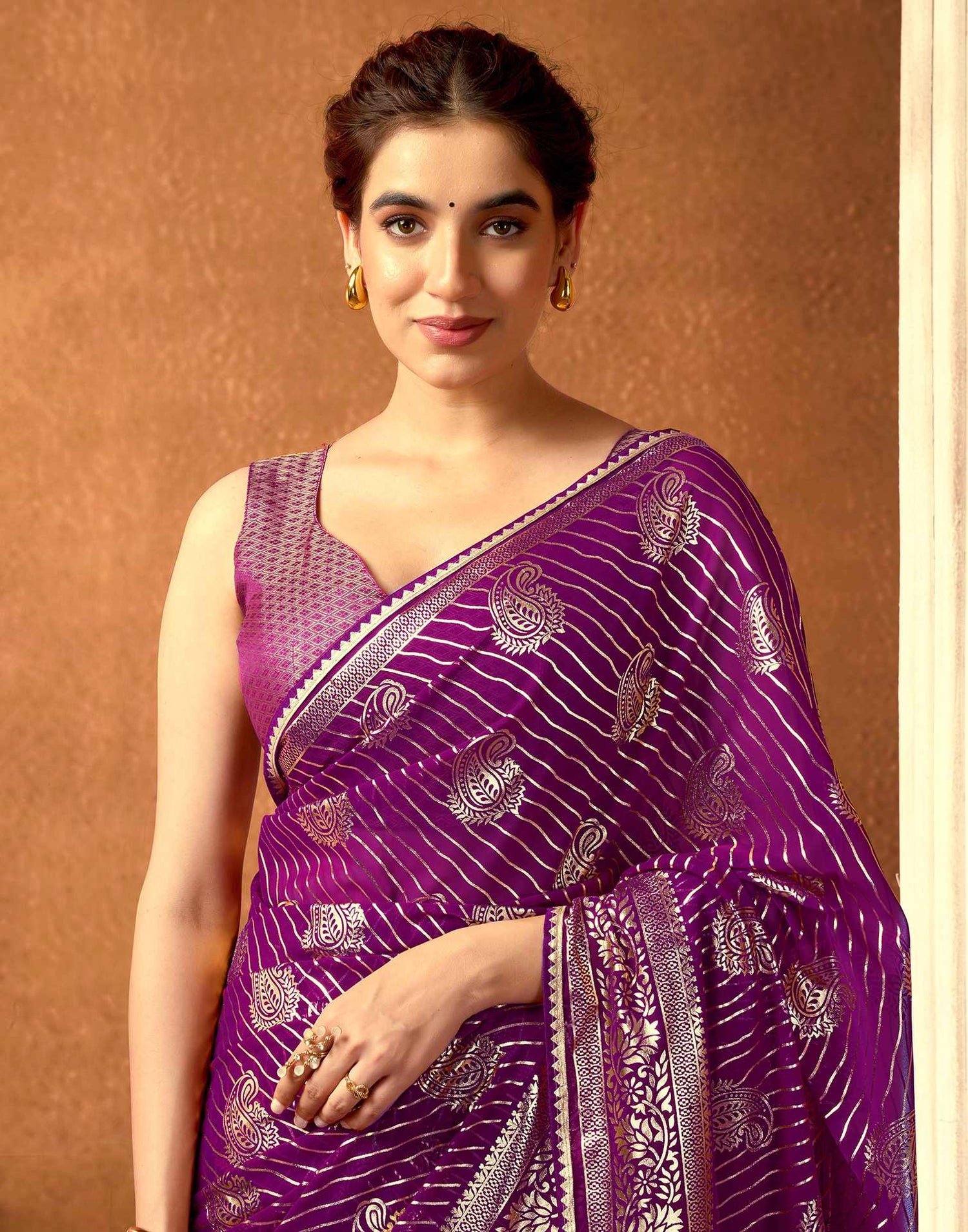 Dark Purple Georgette Foil Printed Saree