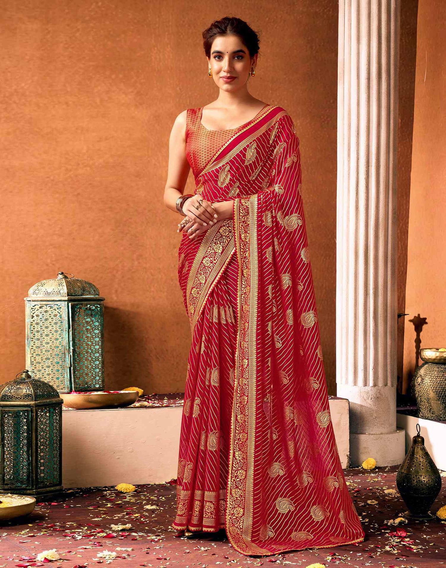 Red Georgette Foil Printed Saree