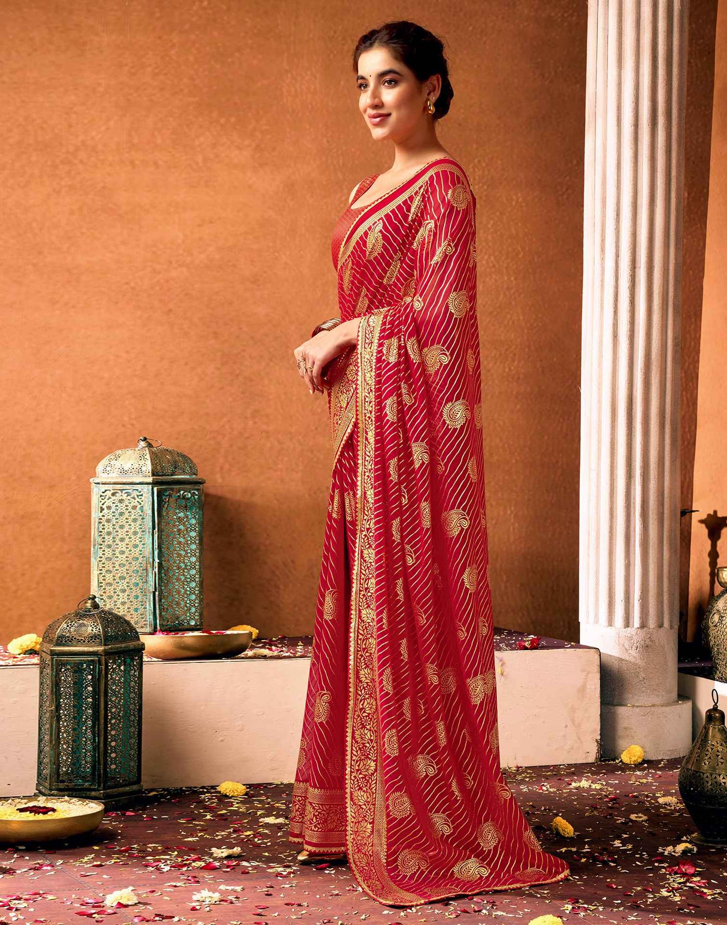 Red Georgette Foil Printed Saree