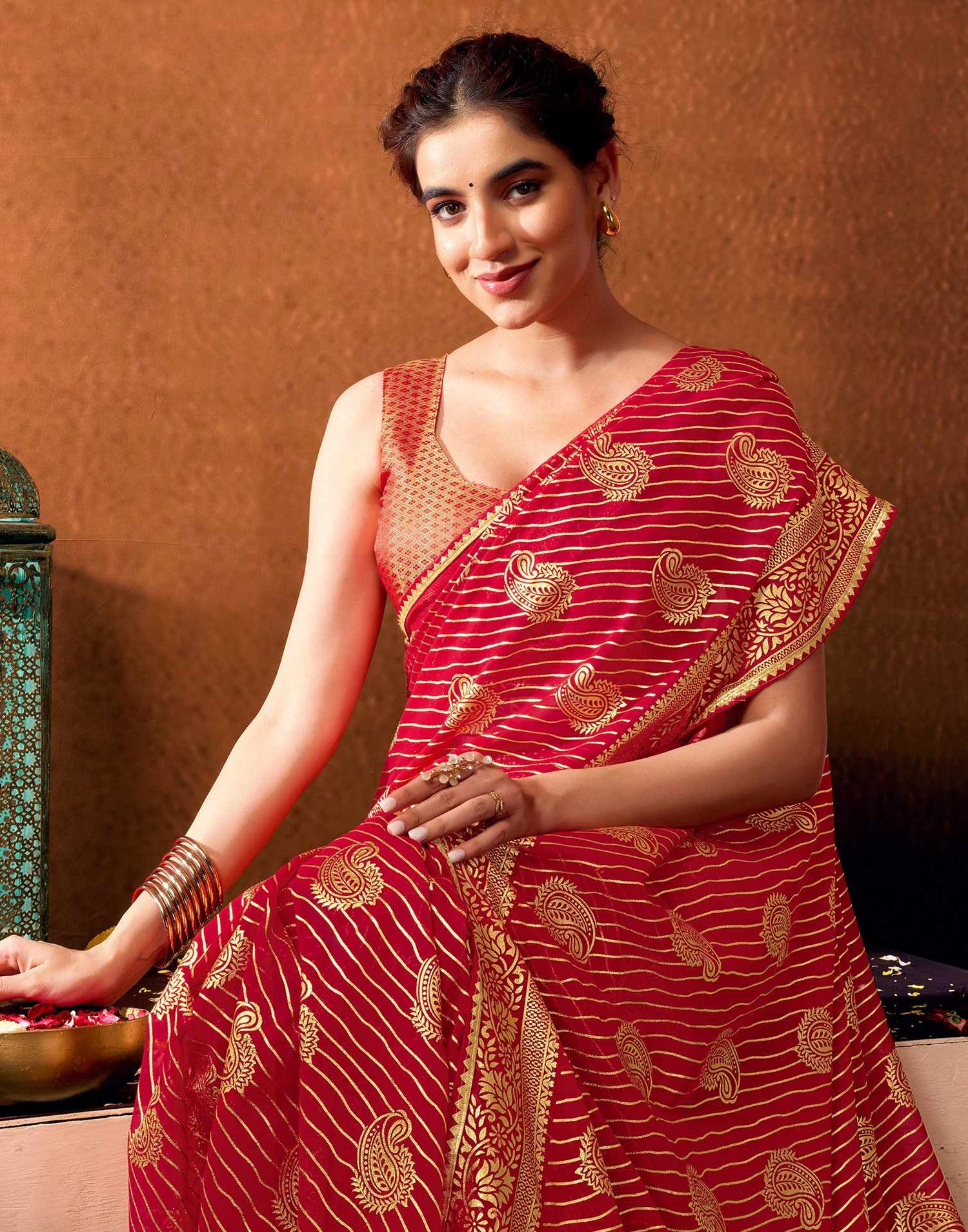 Red Georgette Foil Printed Saree