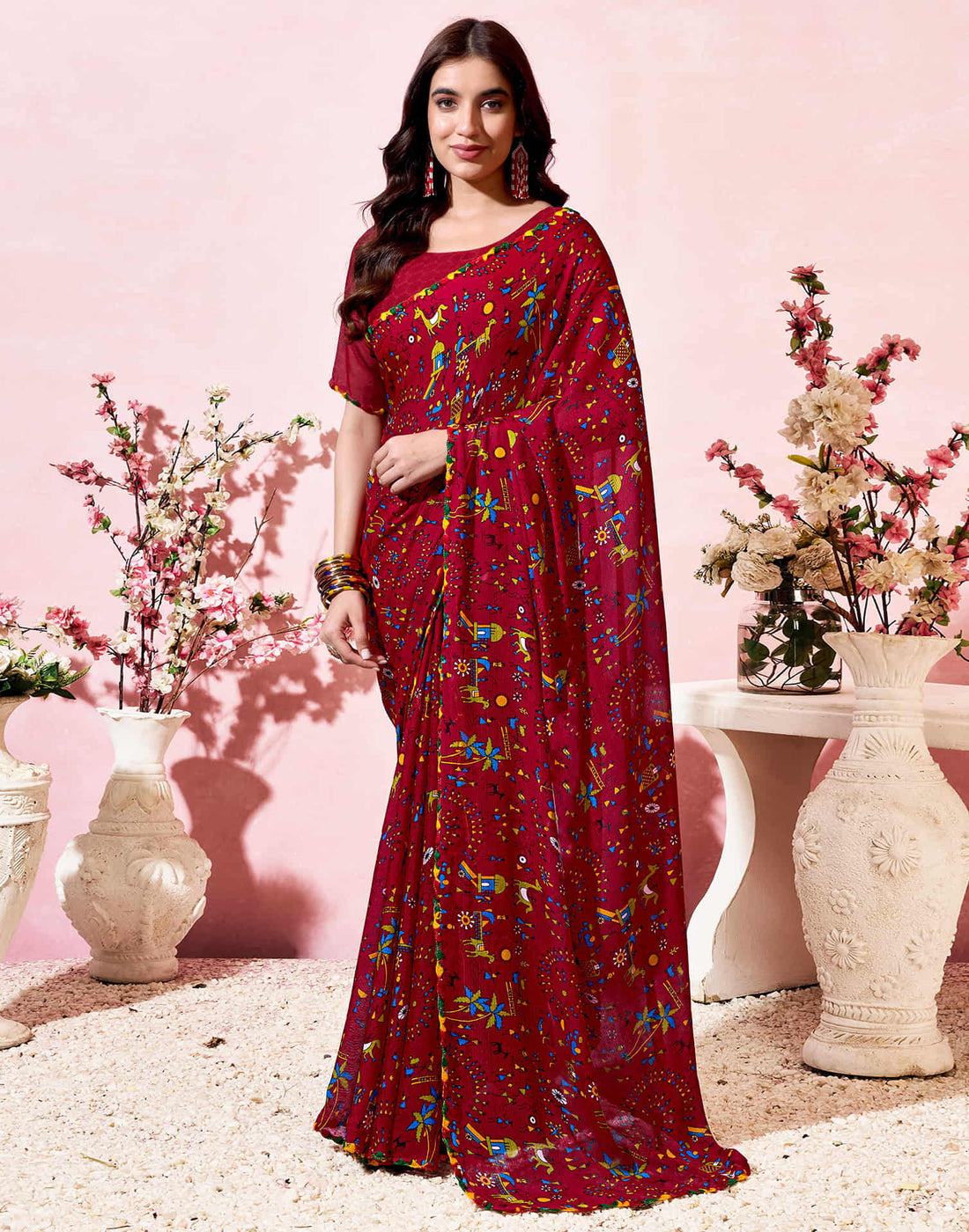 Red Georgette Warli Printed Saree