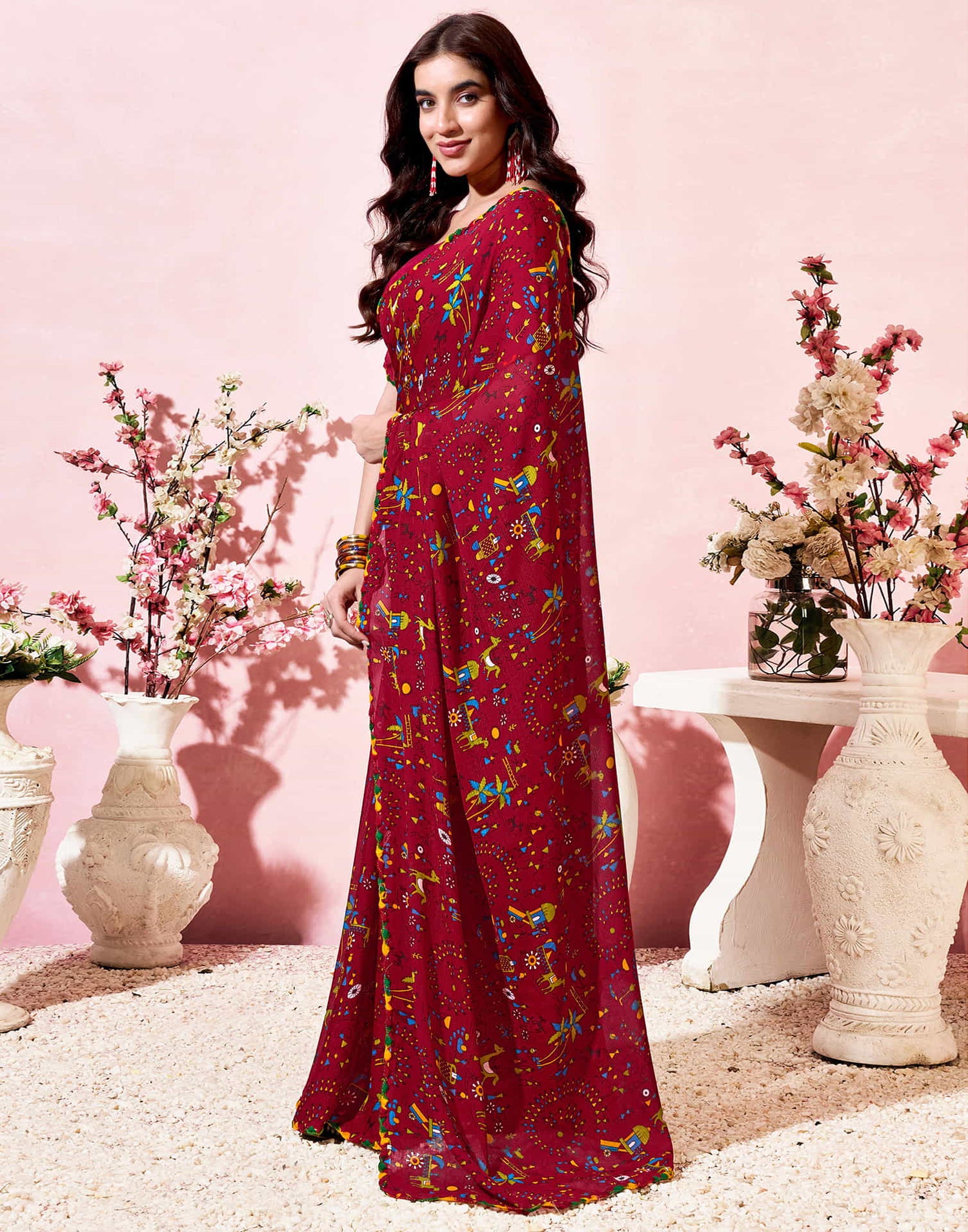 Red Georgette Warli Printed Saree