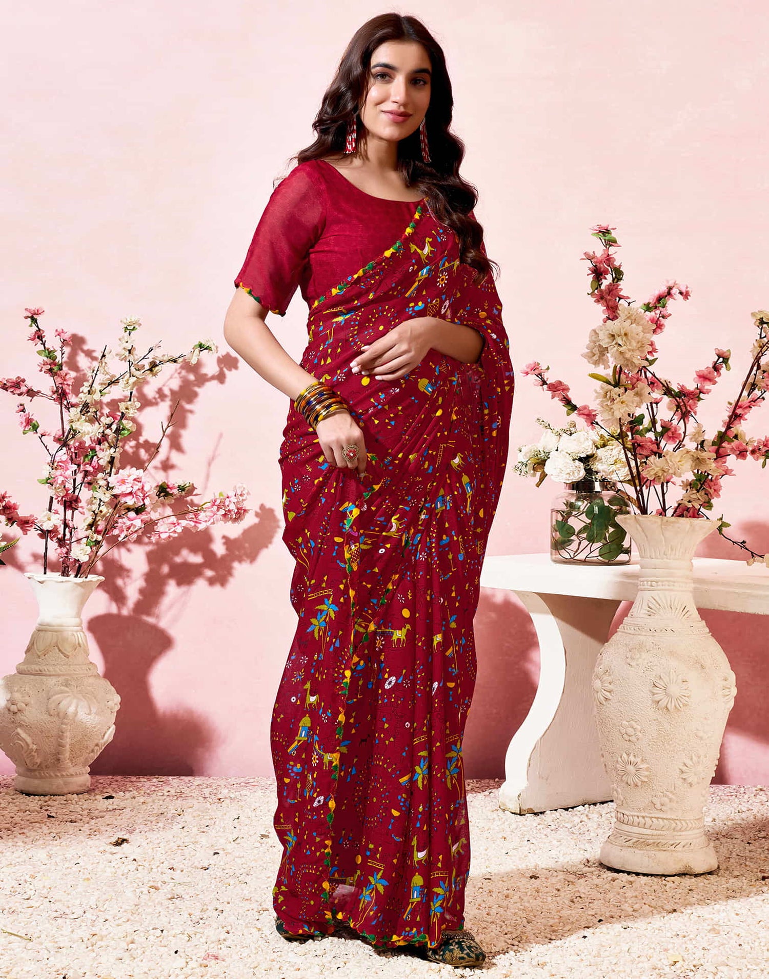 Red Georgette Warli Printed Saree