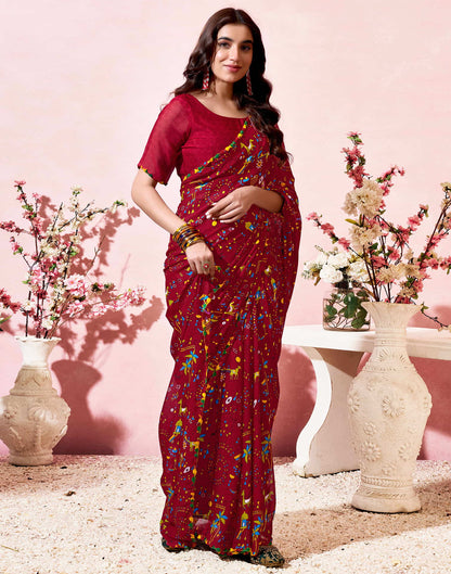 Red Georgette Warli Printed Saree