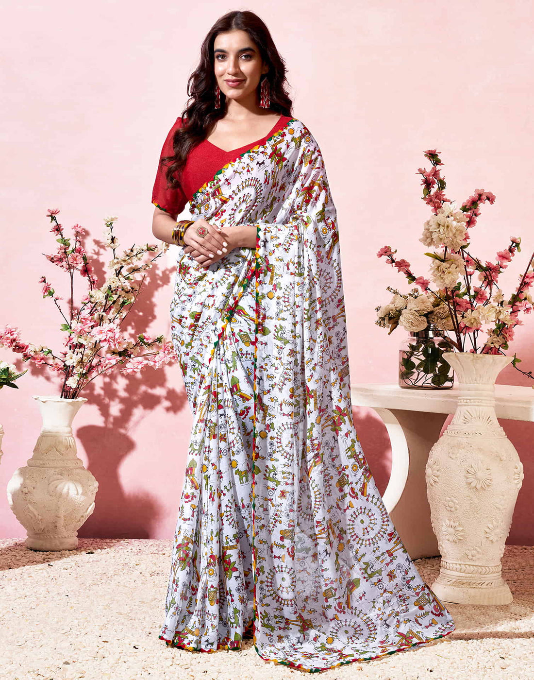 White Georgette Warli Printed Saree