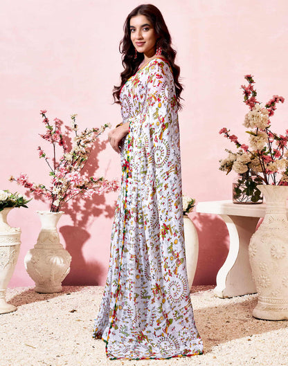 White Georgette Warli Printed Saree