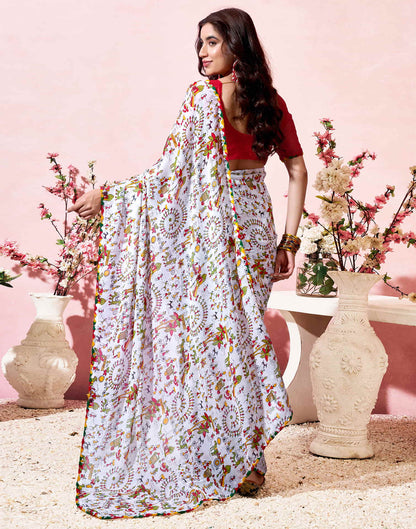 White Georgette Warli Printed Saree