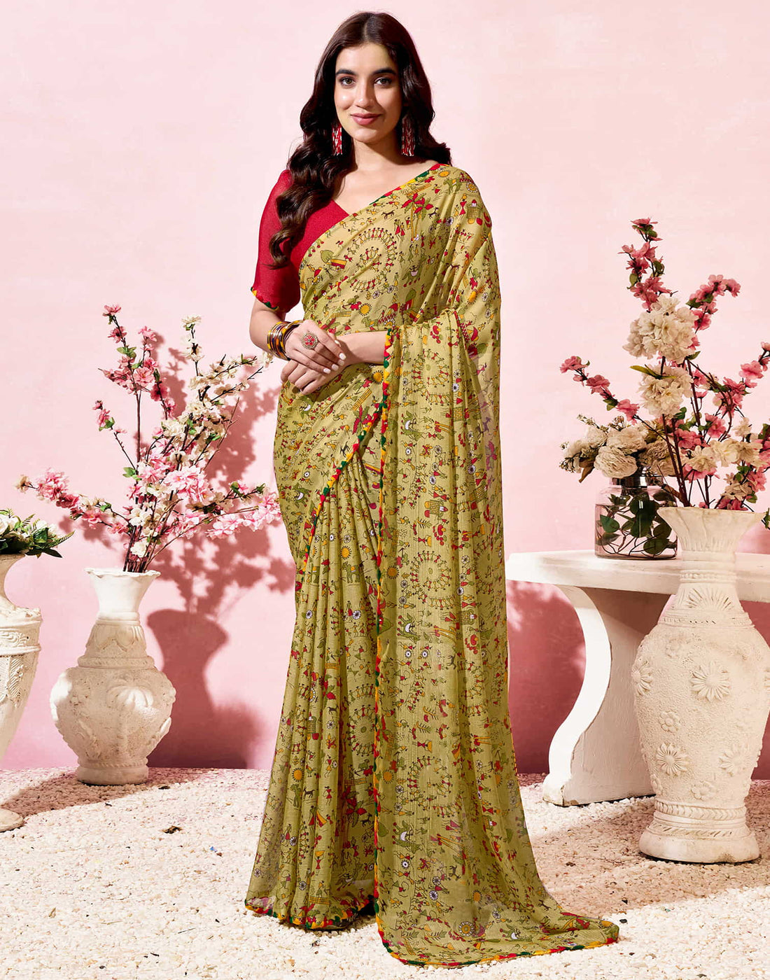 Khaki Georgette Warli Printed Saree