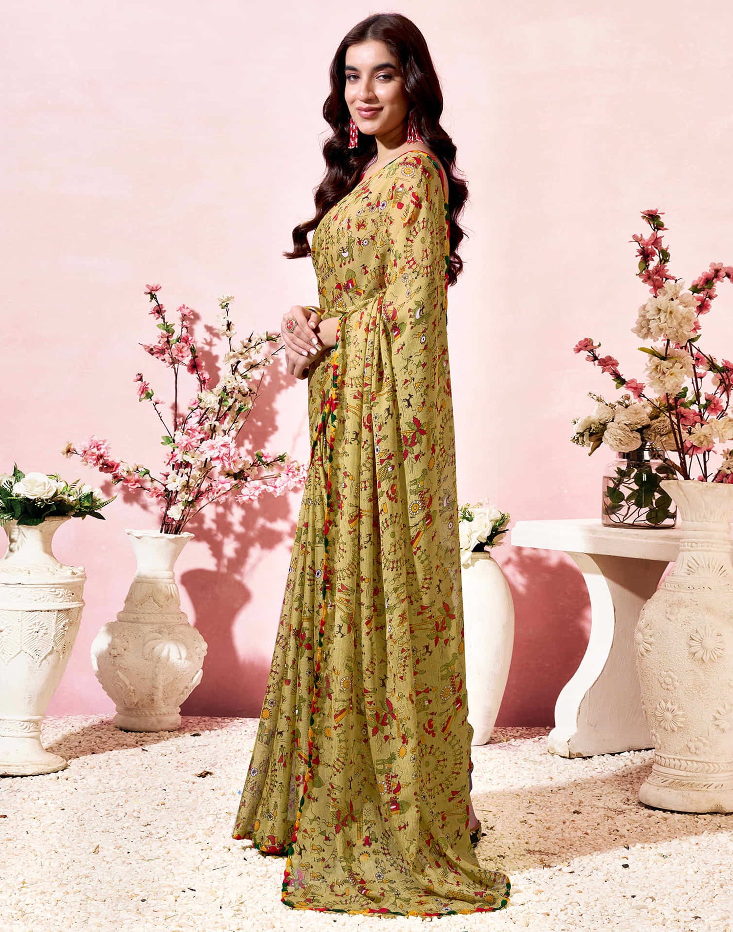 Khaki Georgette Warli Printed Saree