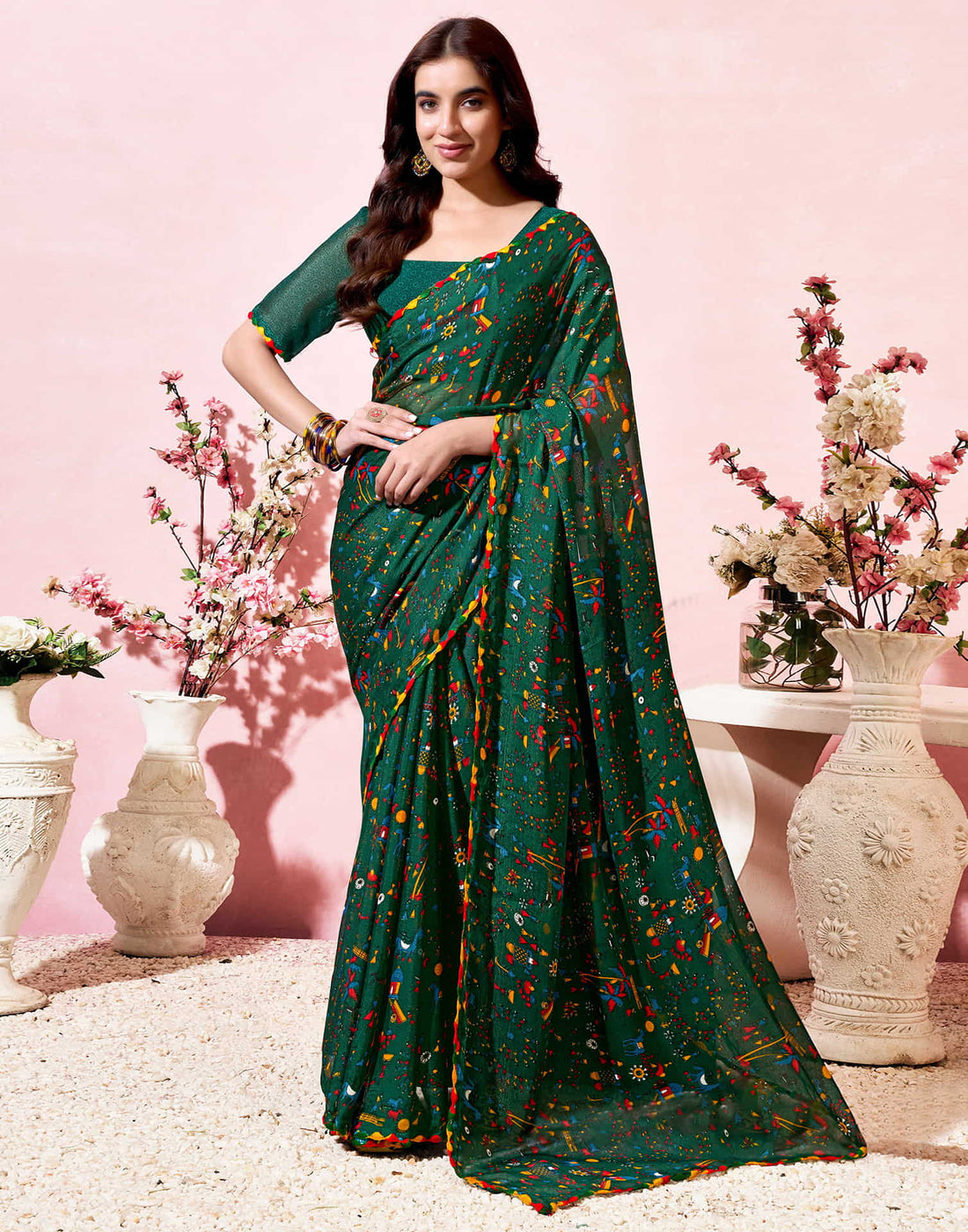 Dark Green Georgette Warli Printed Saree