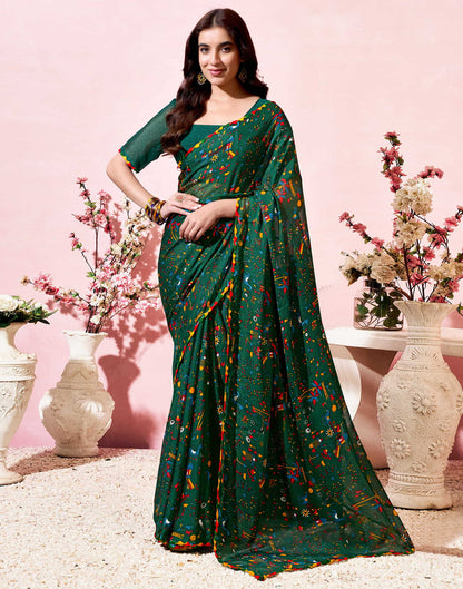 Dark Green Georgette Warli Printed Saree