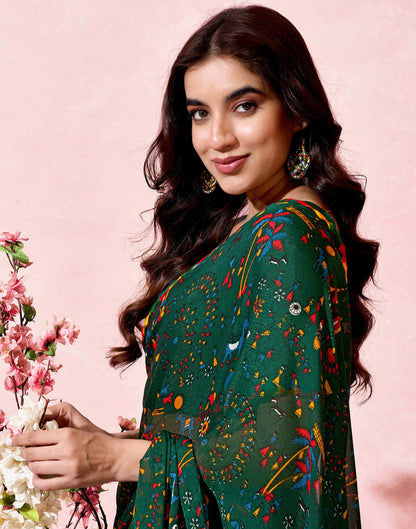 Dark Green Georgette Warli Printed Saree