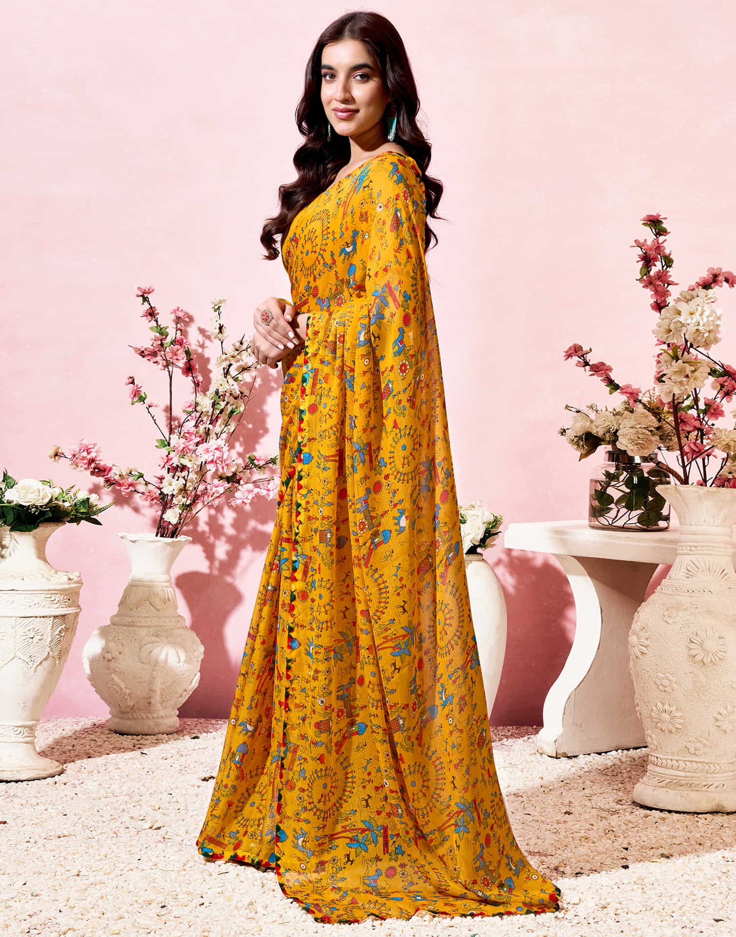 Yellow Georgette Warli Printed Saree