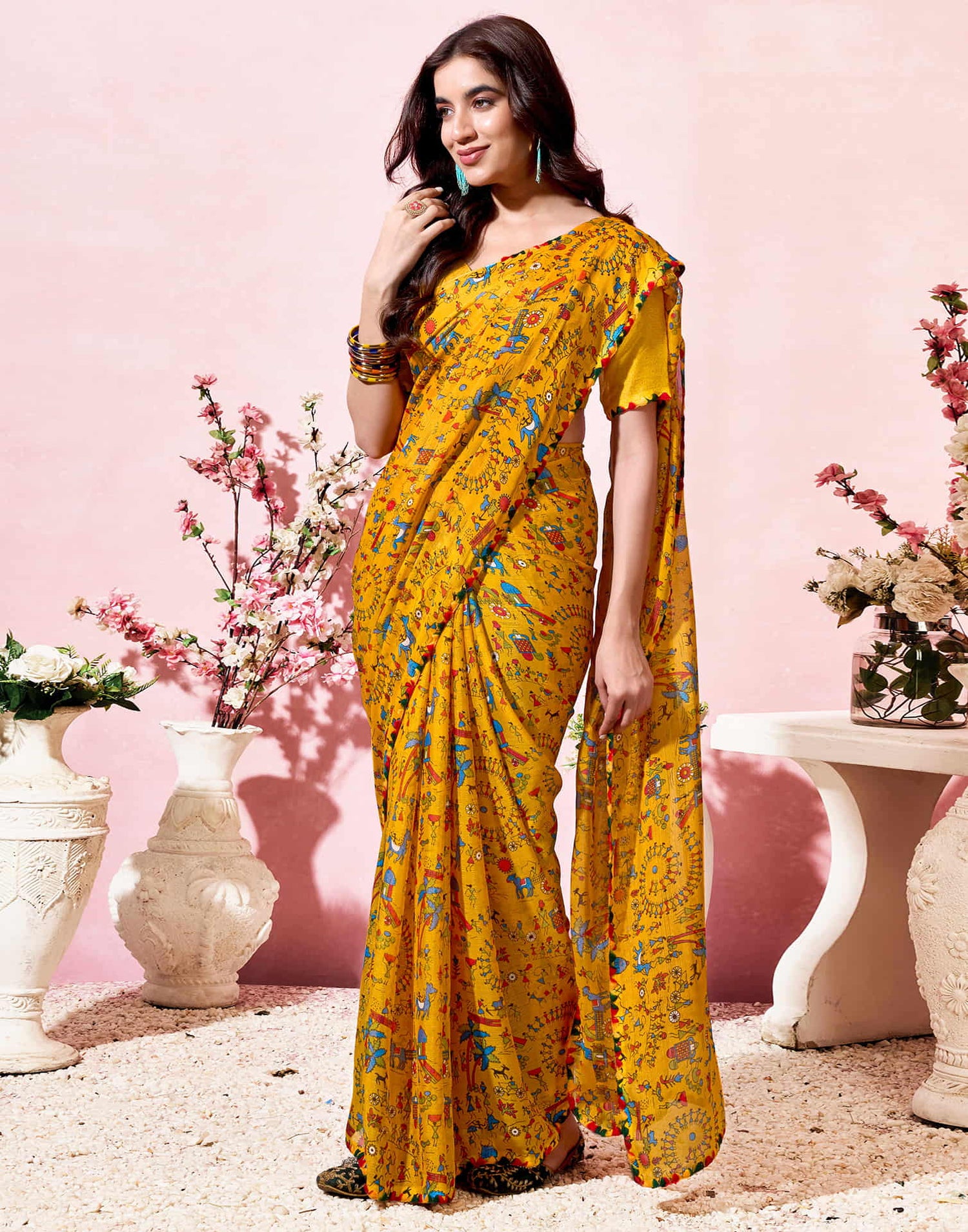 Yellow Georgette Warli Printed Saree