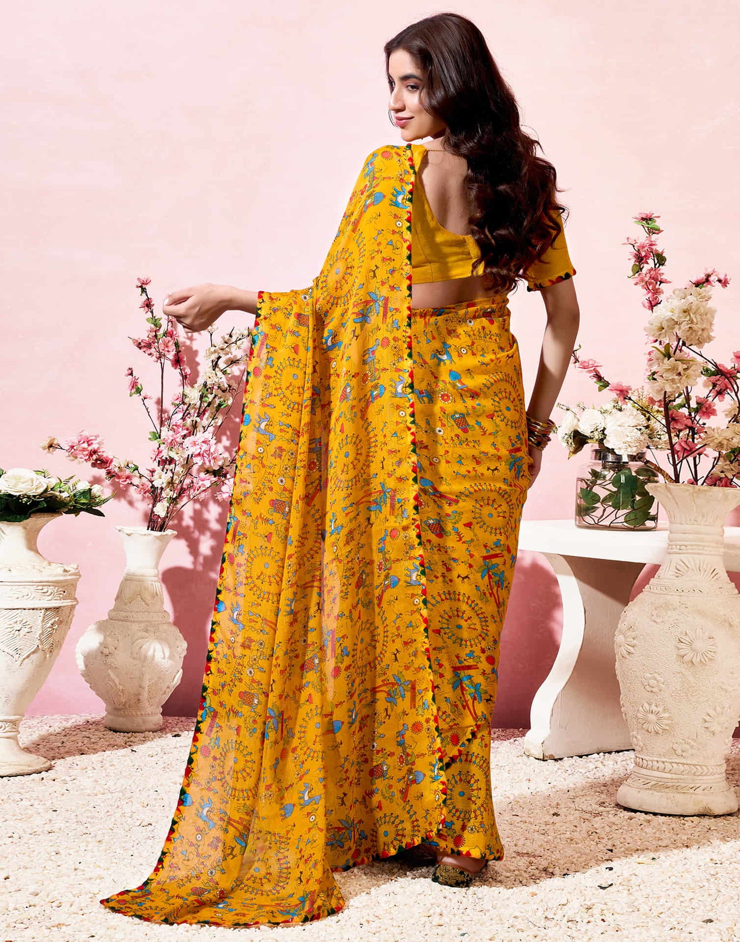 Yellow Georgette Warli Printed Saree