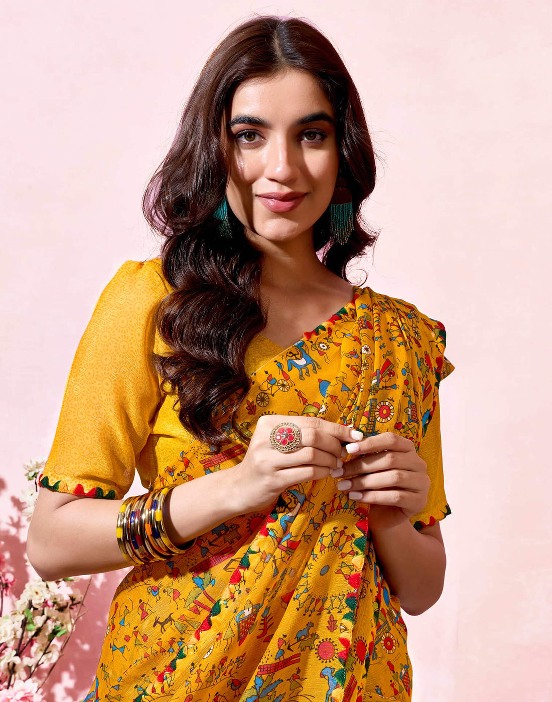 Yellow Georgette Warli Printed Saree