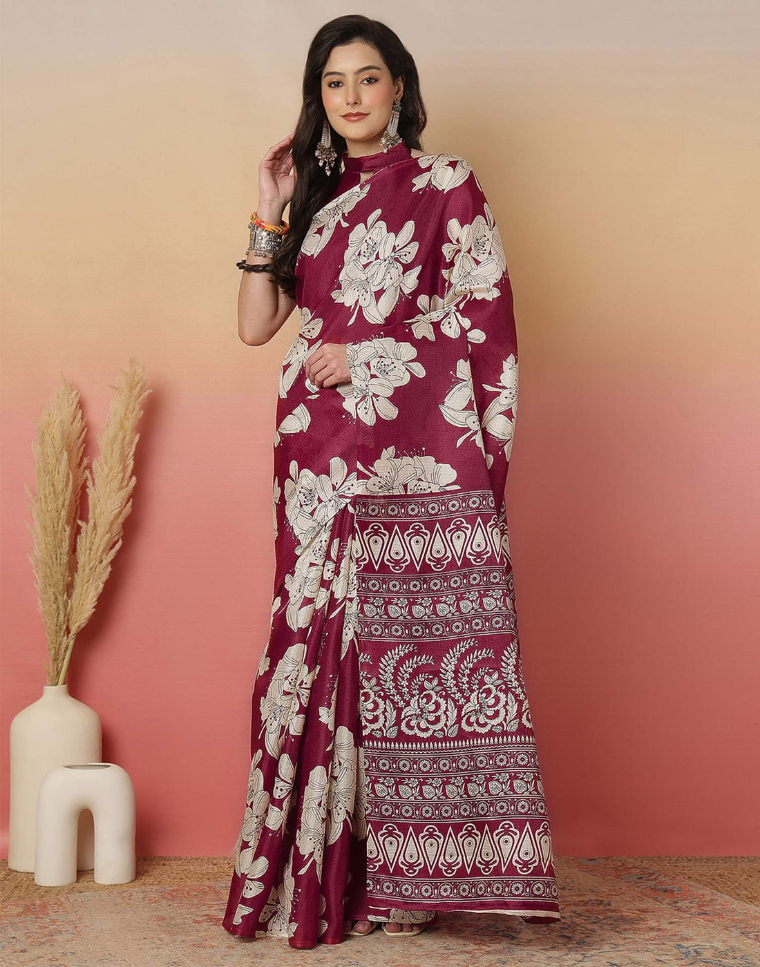 Maroon Cotton Blend Floral printed Saree
