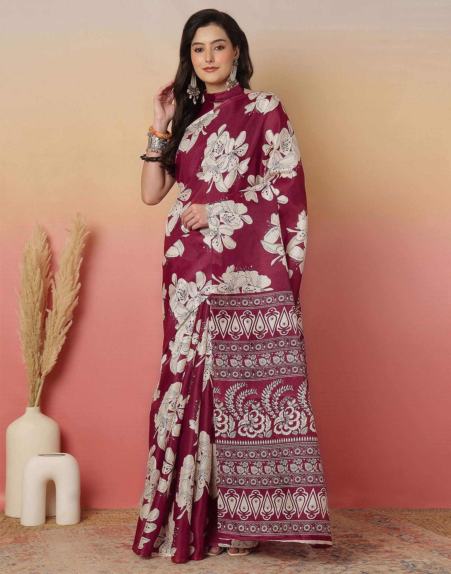 Maroon Cotton Blend Floral Printed Saree