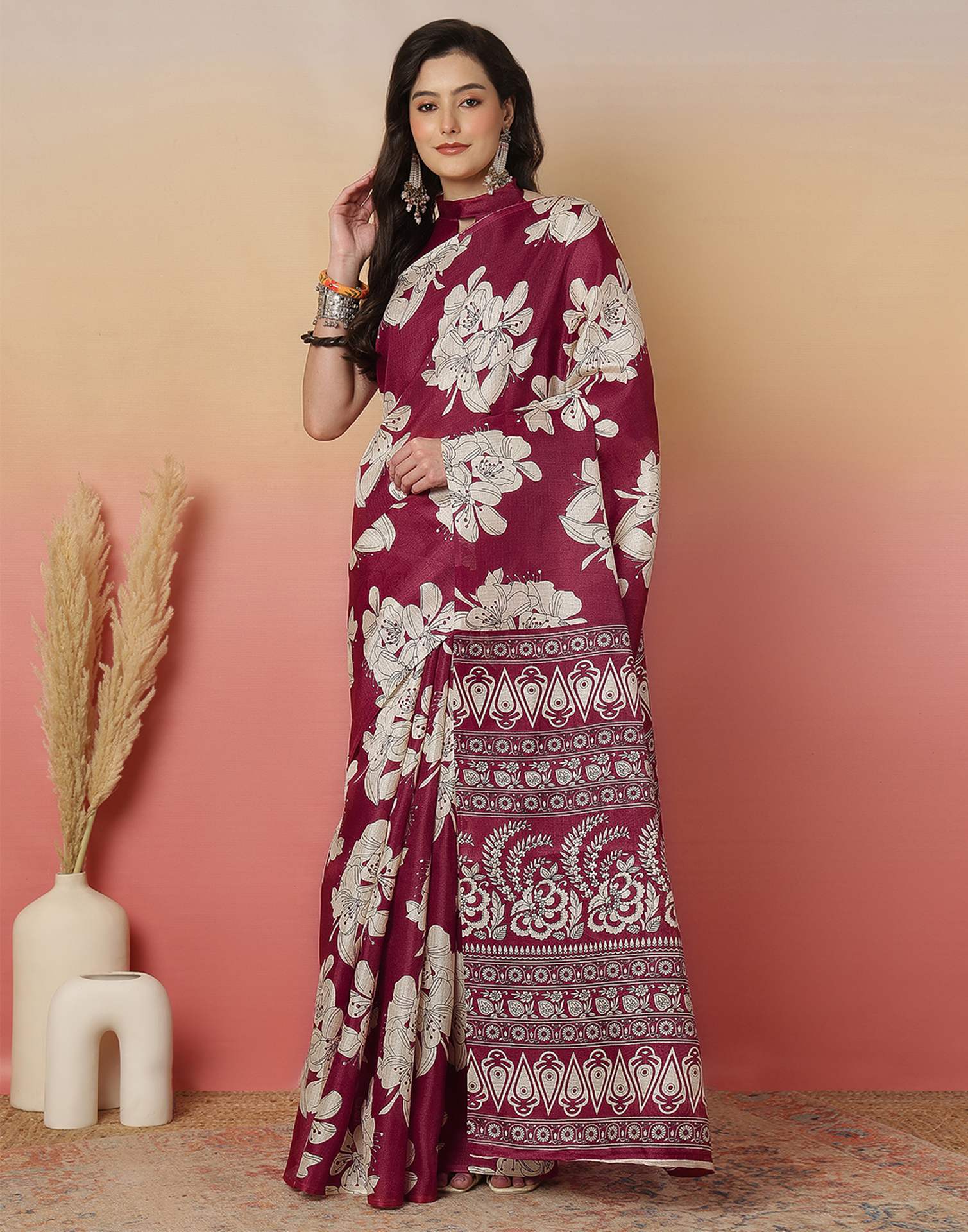 Maroon Cotton Blend Floral Printed Saree