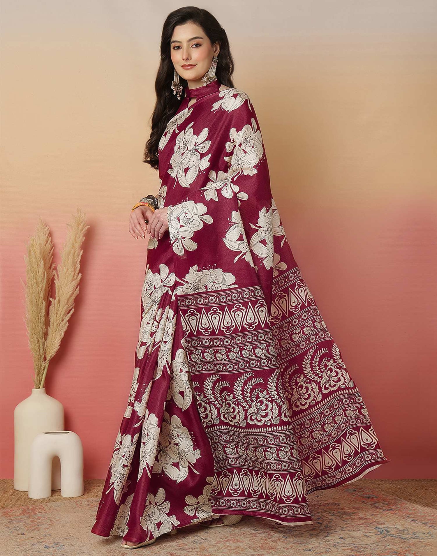 Maroon Cotton Blend Floral Printed Saree