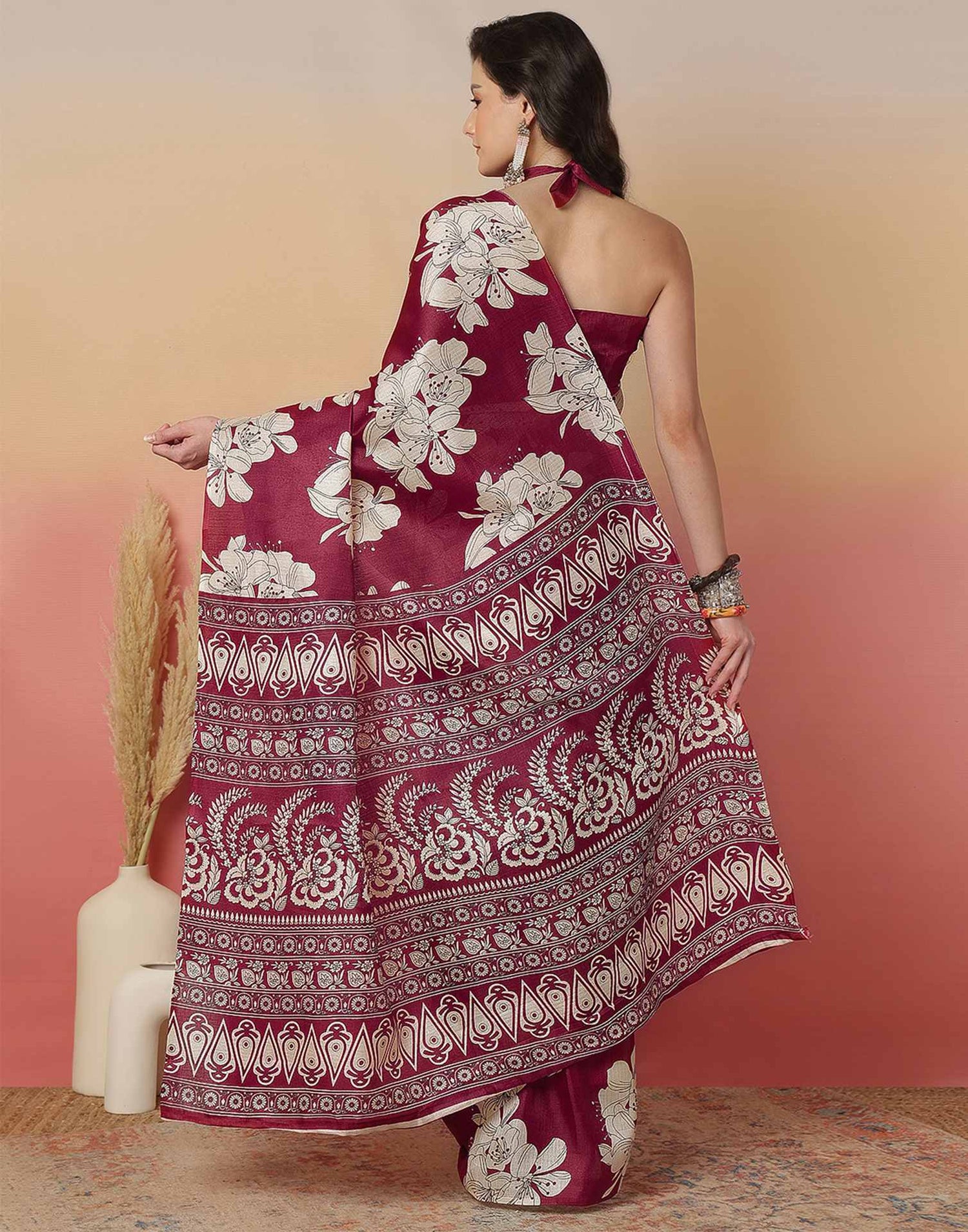 Maroon Cotton Blend Floral Printed Saree