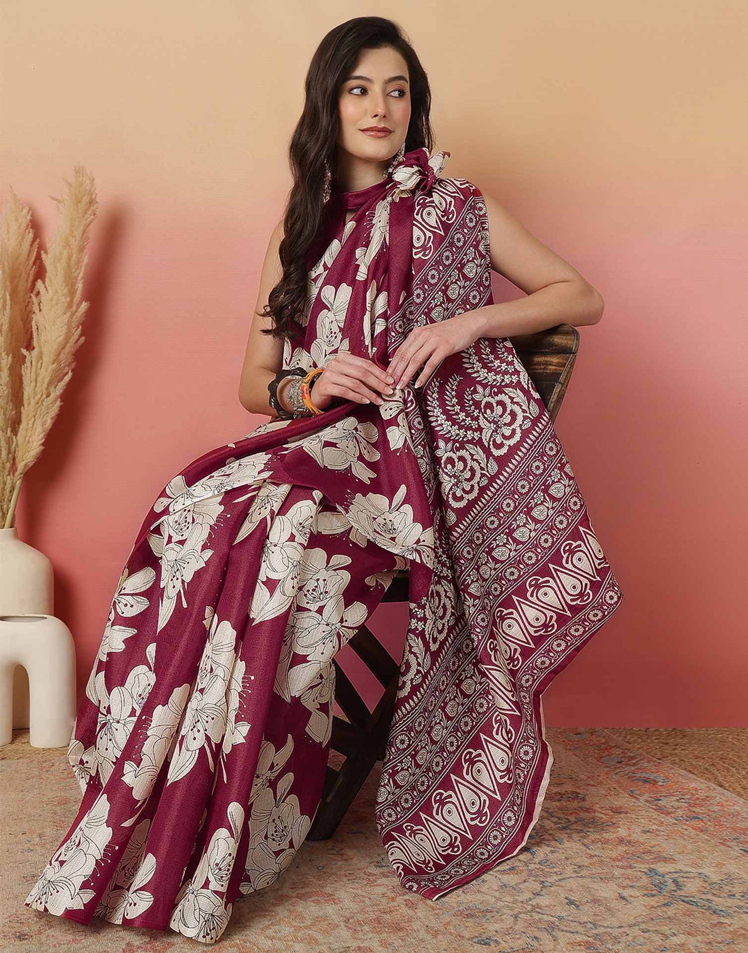 Maroon Cotton Blend Floral Printed Saree