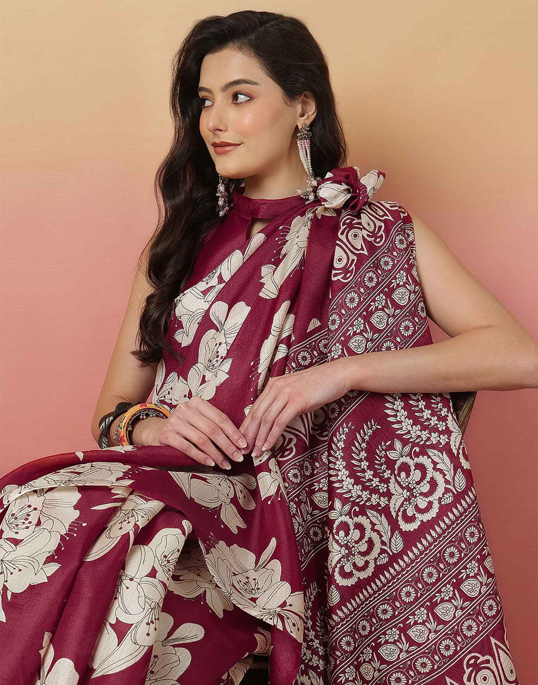 Maroon Cotton Blend Floral printed Saree